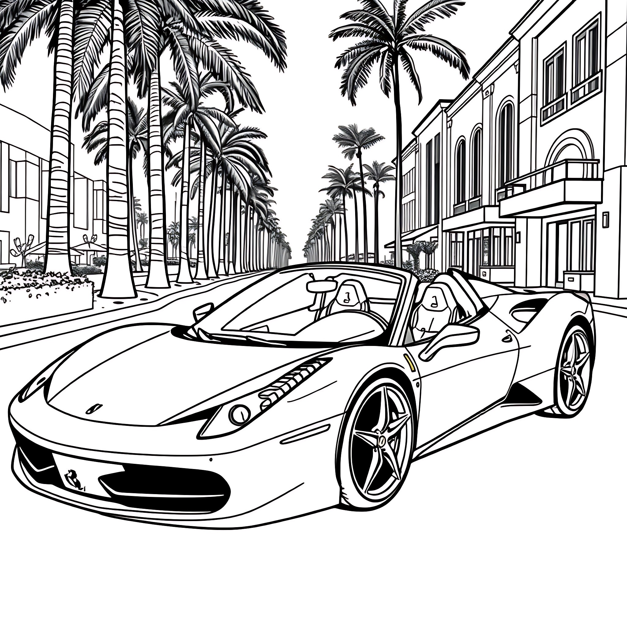Ferrari supercar racing through palm-lined streets Coloring Page (free black-and-white line drawing printable PDF for all, from beginners to advanced learners, including children, teens, adults, and seniors)