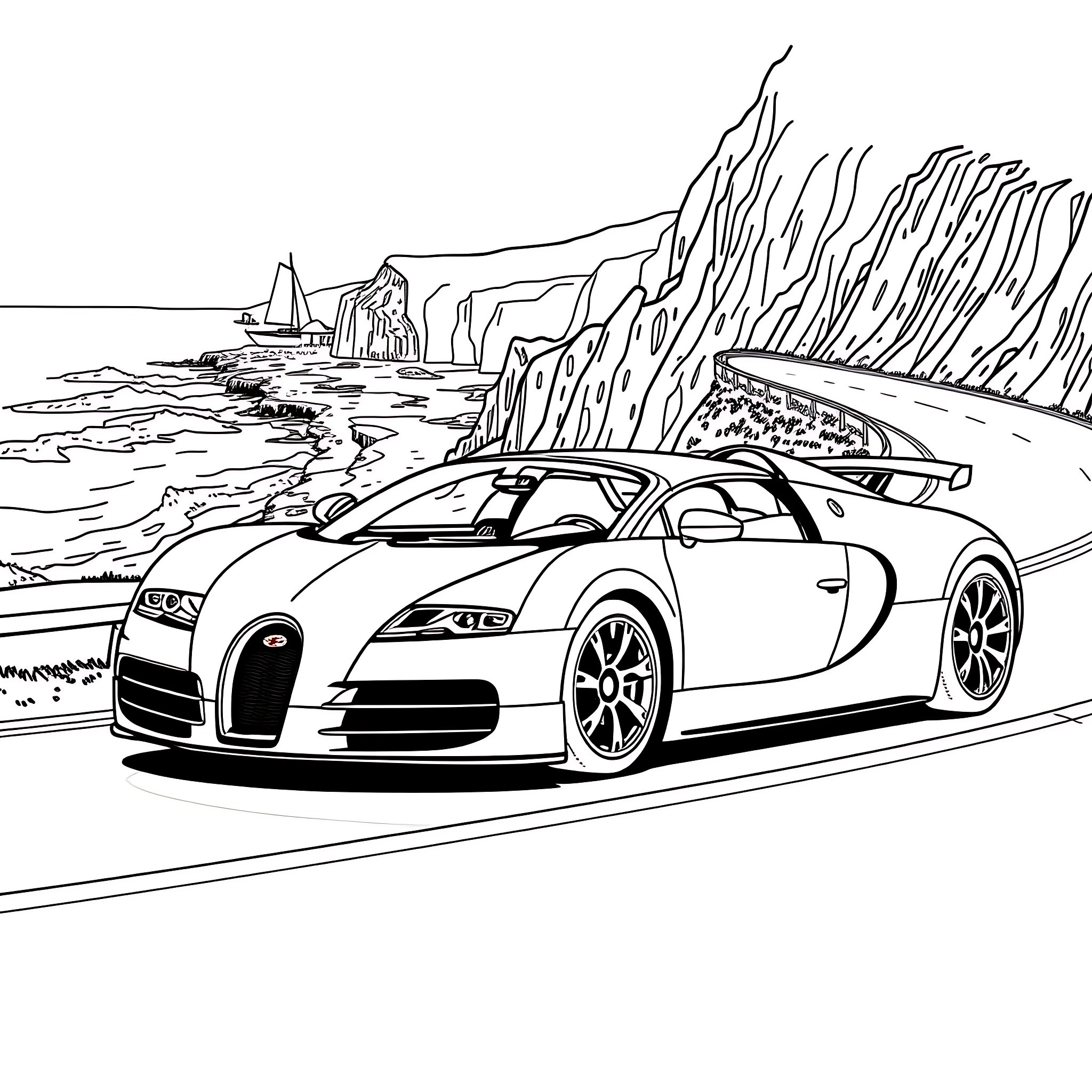 Bugatti supercar speeding along coastal road Coloring Page (free black-and-white line drawing printable PDF for all, from beginners to advanced learners, including children, teens, adults, and seniors)