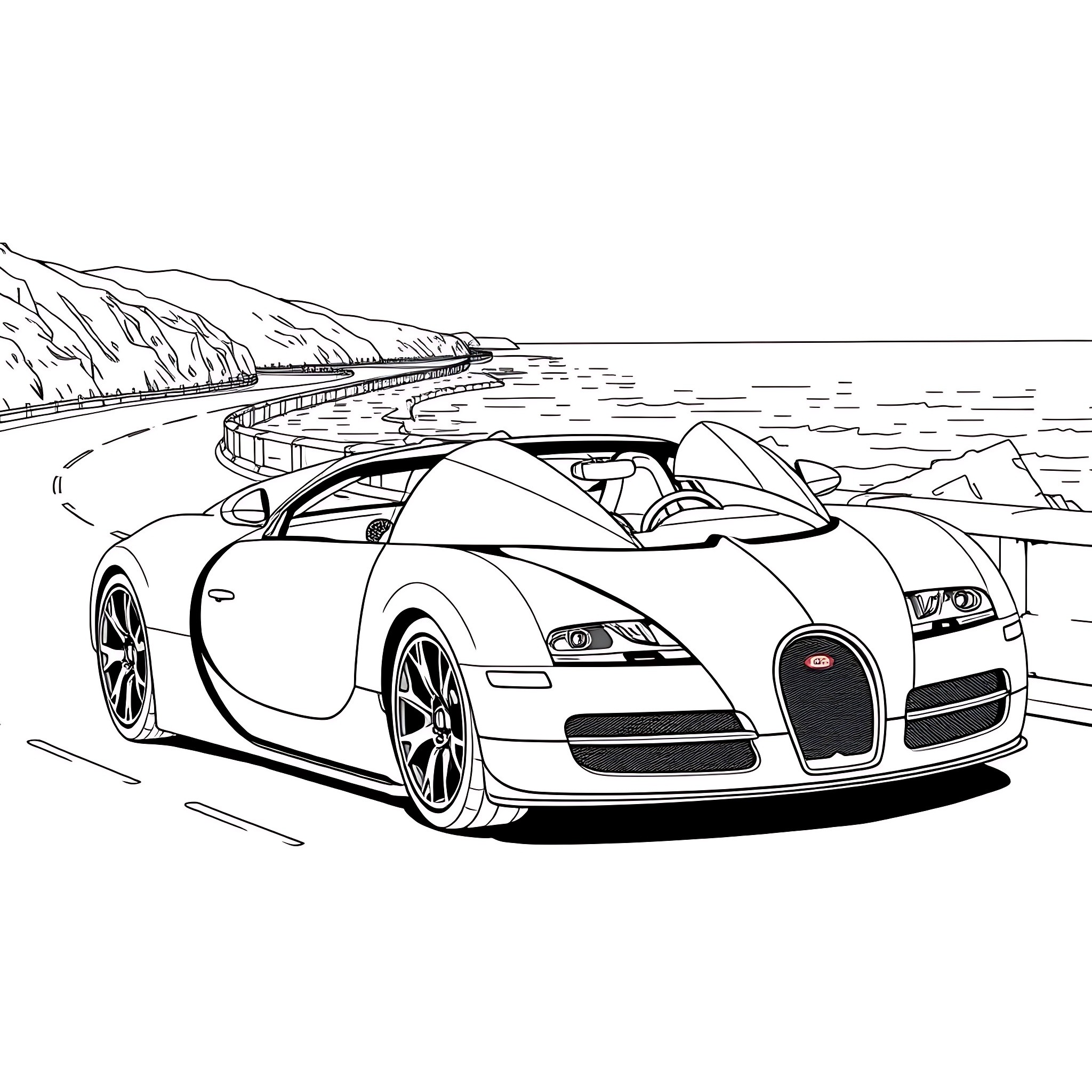 Bugatti Supercar Racing on Coastal Road Coloring Page (free black-and-white line drawing printable PDF for all, from beginners to advanced learners, including children, teens, adults, and seniors)