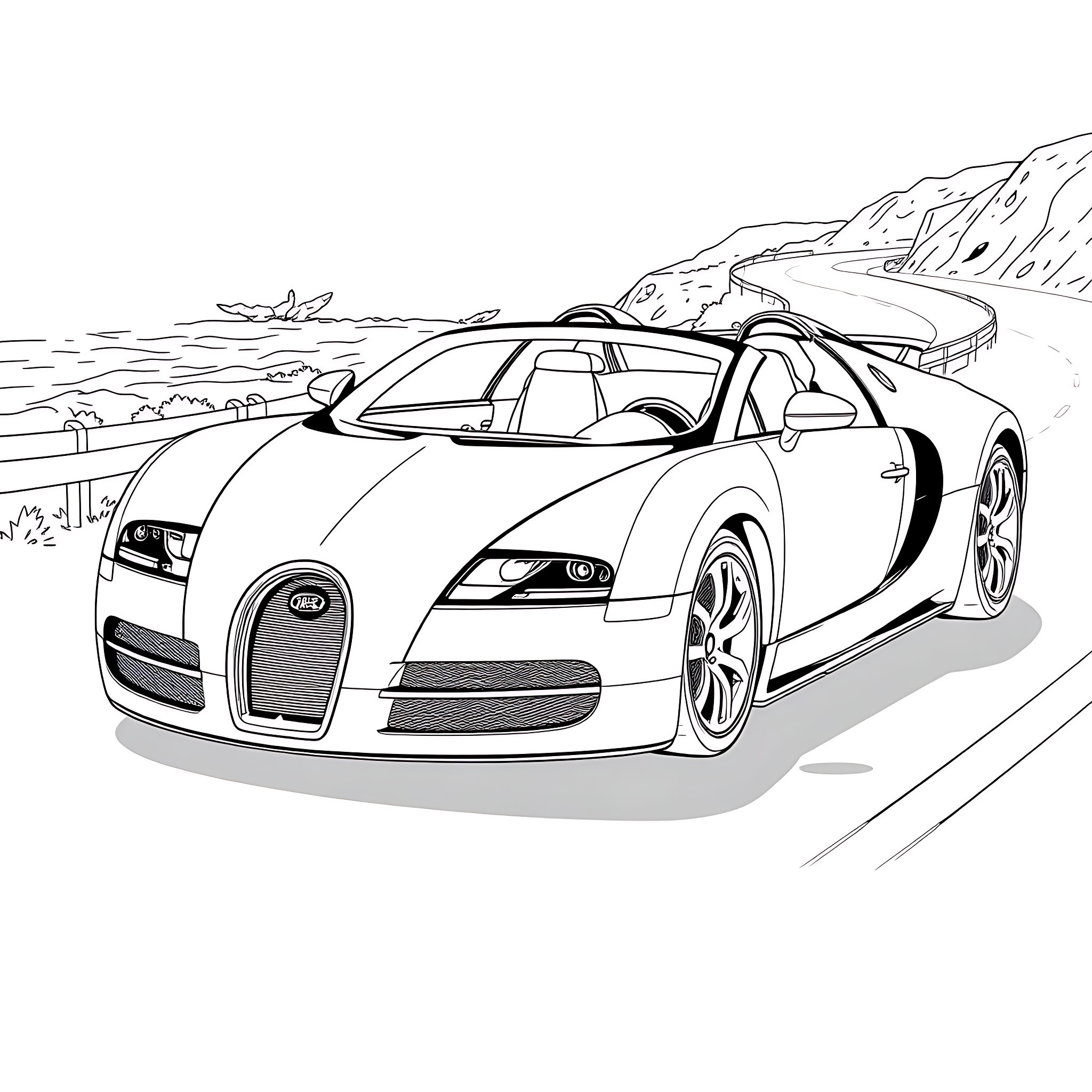 Bugatti supercar on the winding mountain road Coloring Page (free black-and-white line drawing printable PDF for all, from beginners to advanced learners, including children, teens, adults, and seniors)