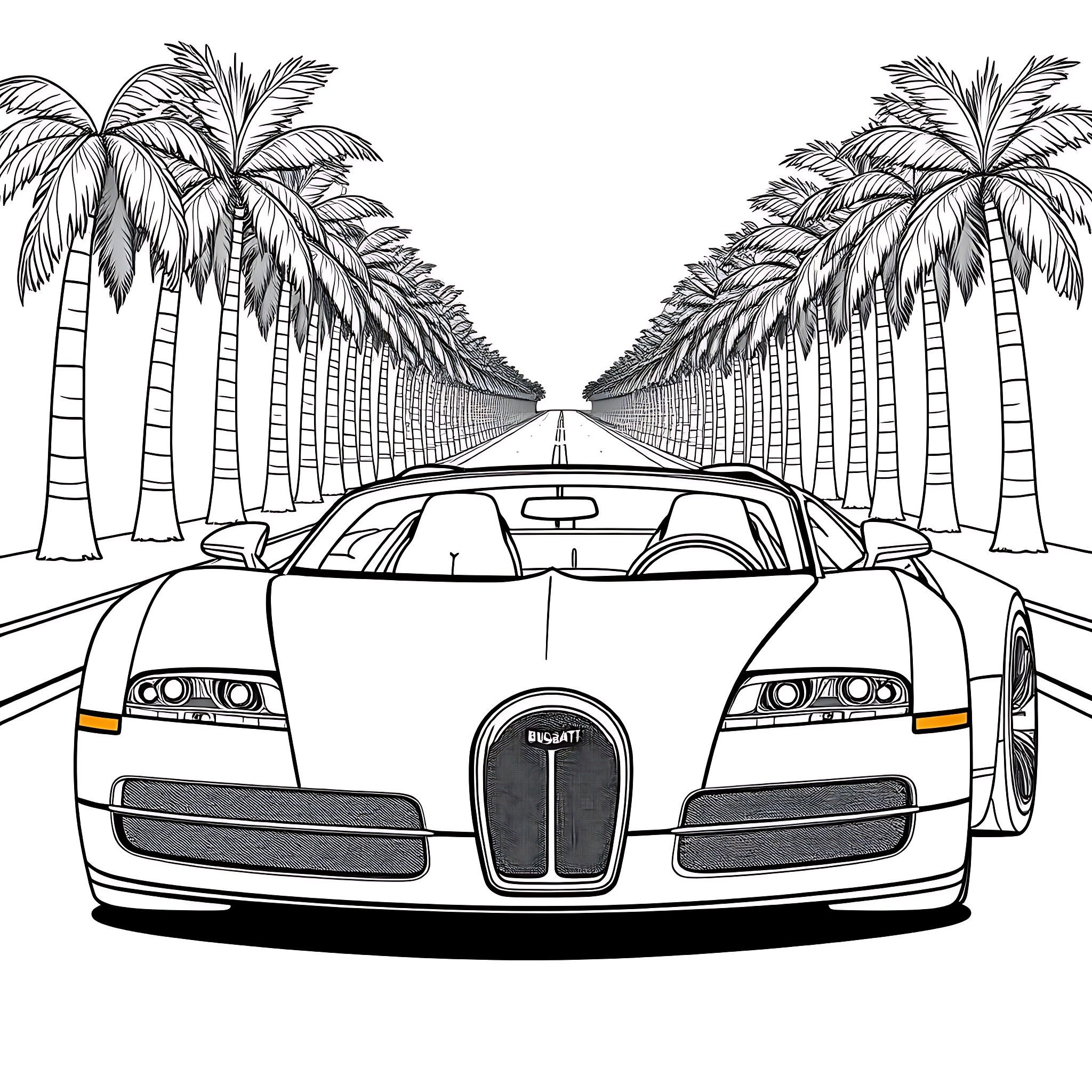 Bugatti sports car on a palm tree-lined road Coloring Page (free black-and-white line drawing printable PDF for all, from beginners to advanced learners, including children, teens, adults, and seniors)
