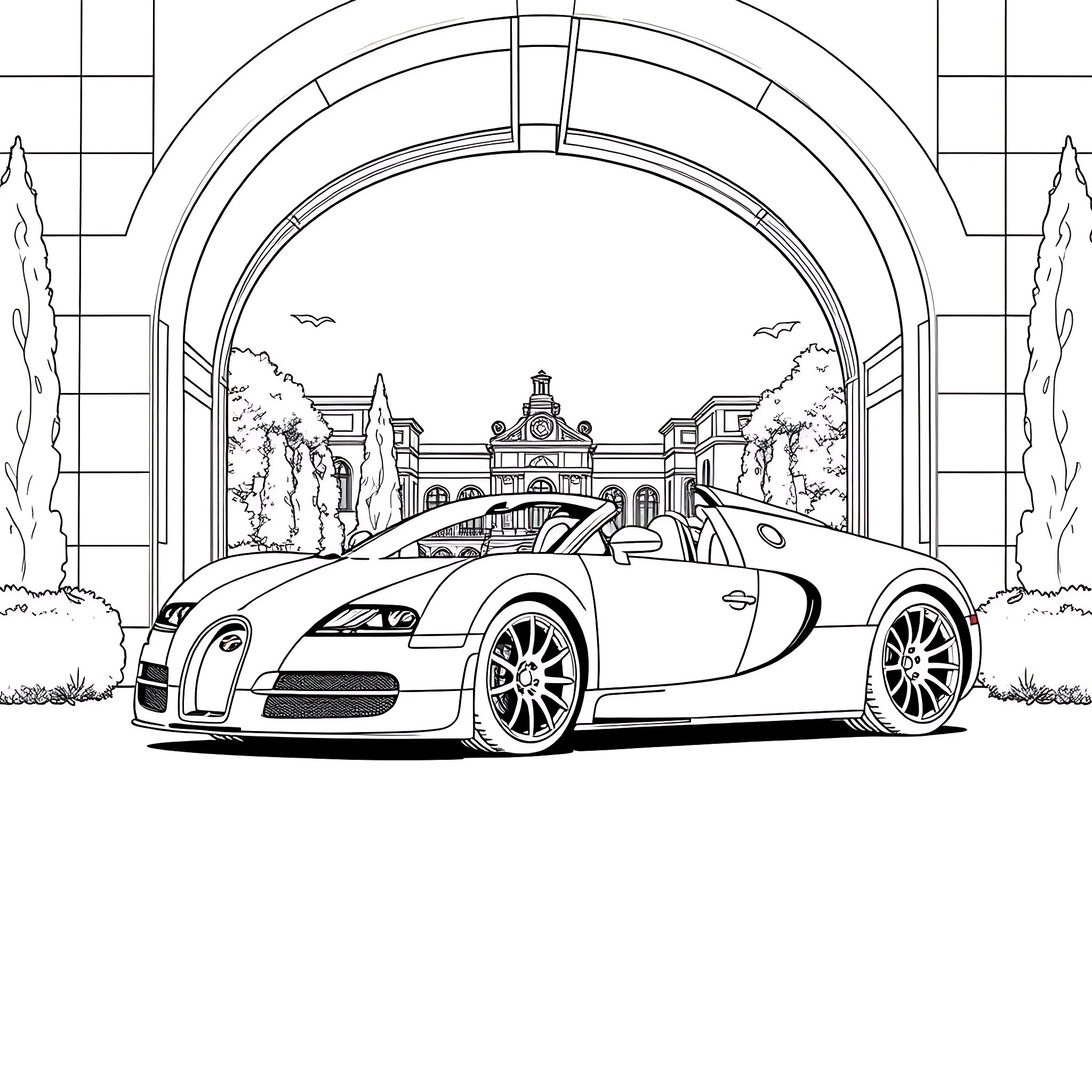 Bugatti supercar in front of grand palace Coloring Page (free black-and-white line drawing printable PDF for all, from beginners to advanced learners, including children, teens, adults, and seniors)