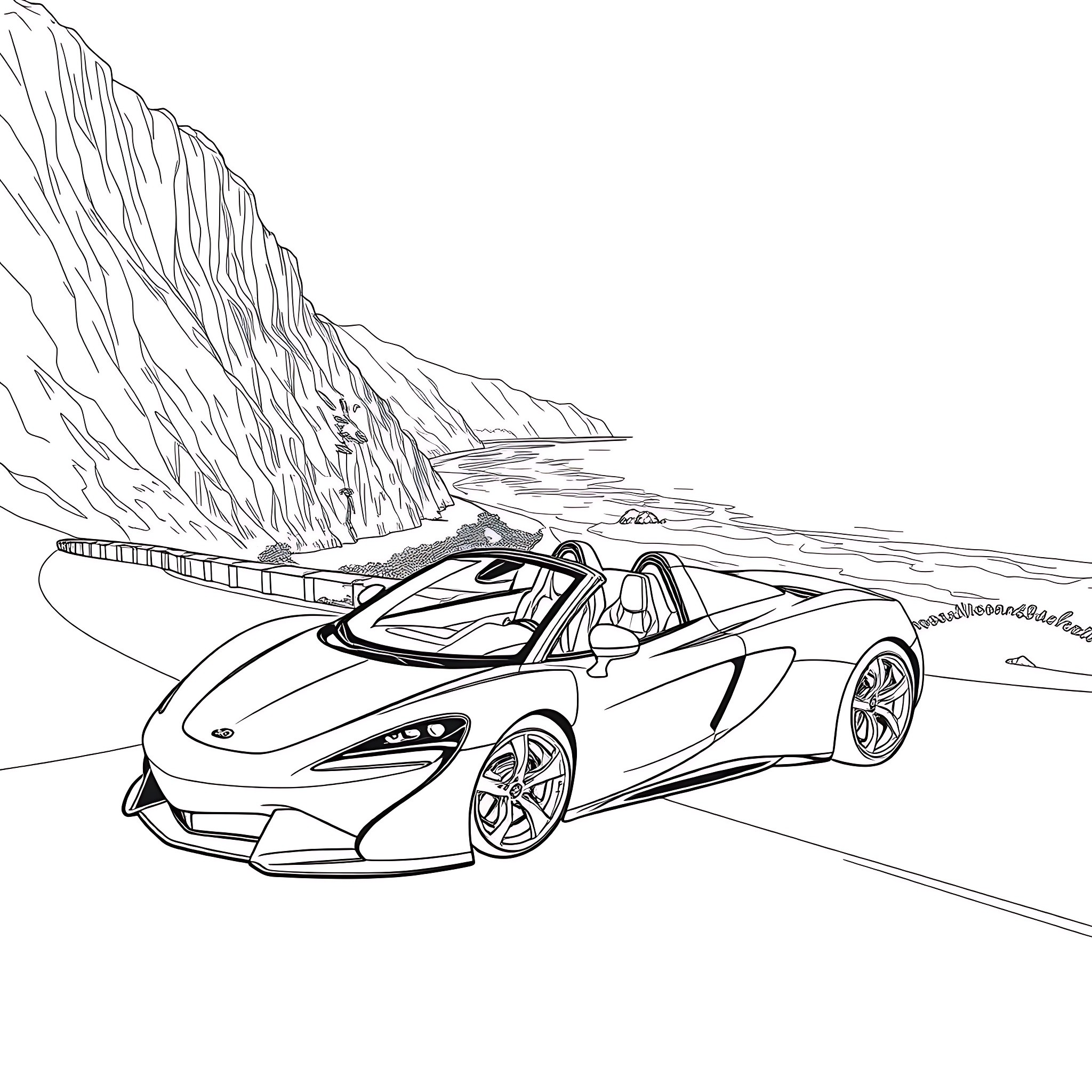 Mclaren P1 driving along the coastal road Coloring Page (free black-and-white line drawing printable PDF for all, from beginners to advanced learners, including children, teens, adults, and seniors)