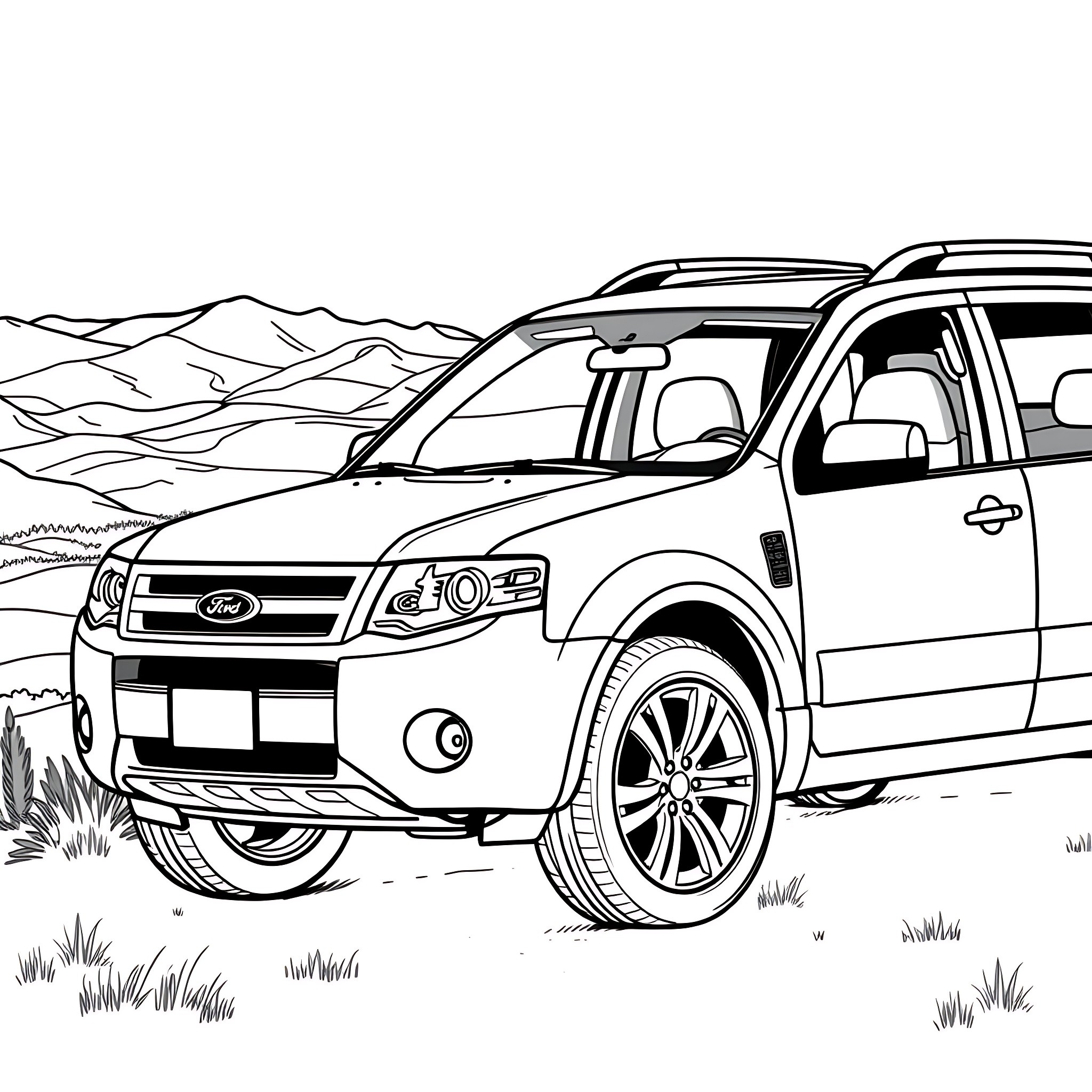 Ford SUV exploring the rugged mountain landscape Coloring Page (free black-and-white line drawing printable PDF for all, from beginners to advanced learners, including children, teens, adults, and seniors)