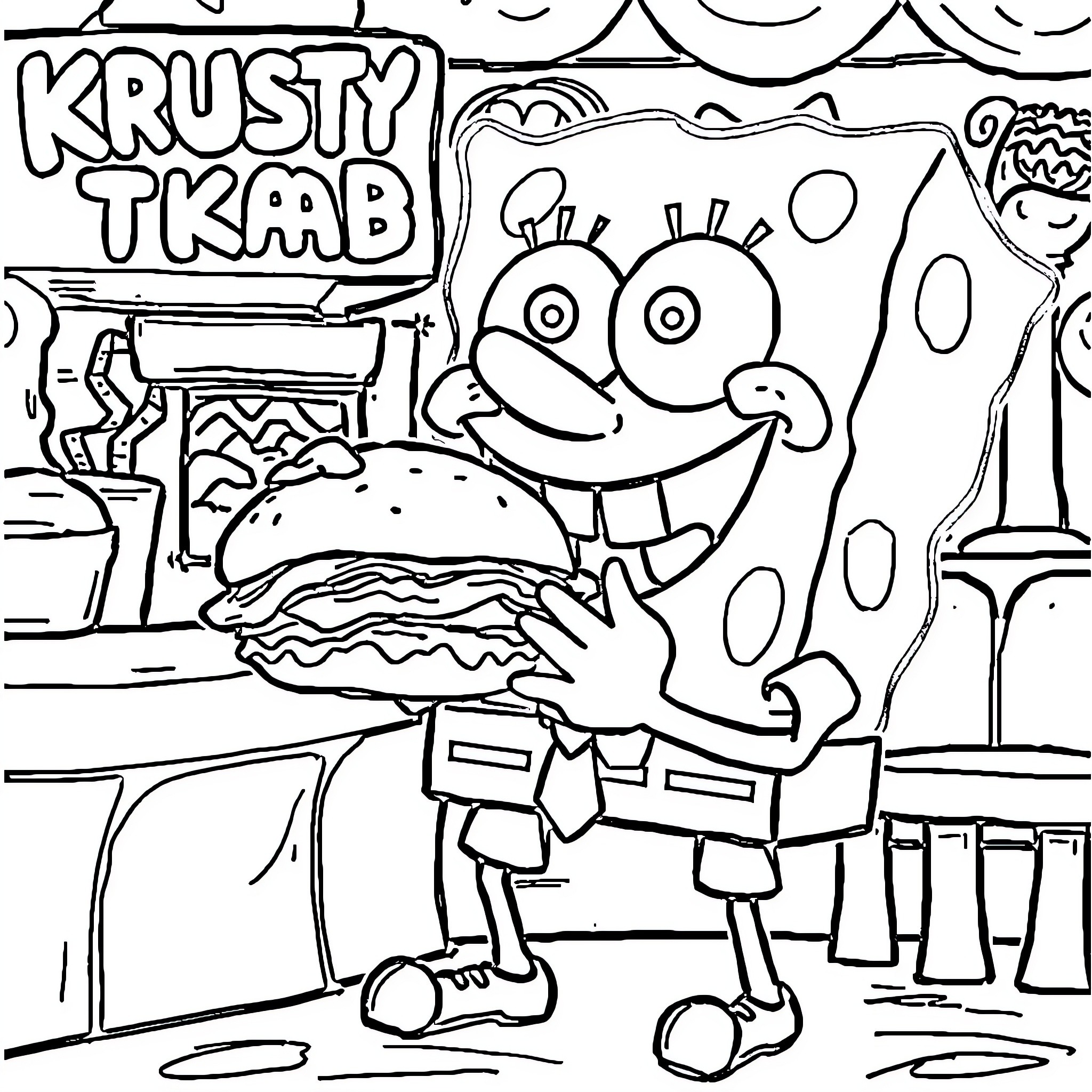 Spongebob serving a Krusty Krab burger Coloring Page (free black-and-white line drawing printable PDF for all, from beginners to advanced learners, including children, teens, adults, and seniors)