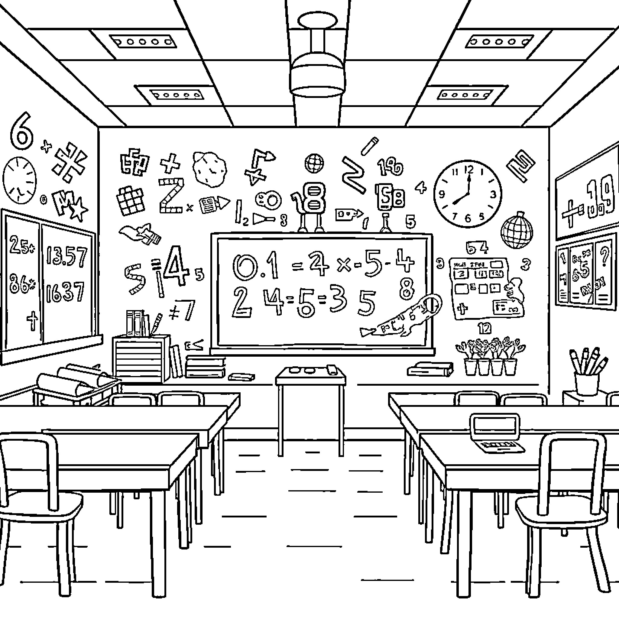 Math-themed Classroom with Symbols and Chalkboard Coloring Page (free black-and-white line drawing printable PDF for all, from beginners to advanced learners, including children, teens, adults, and seniors)