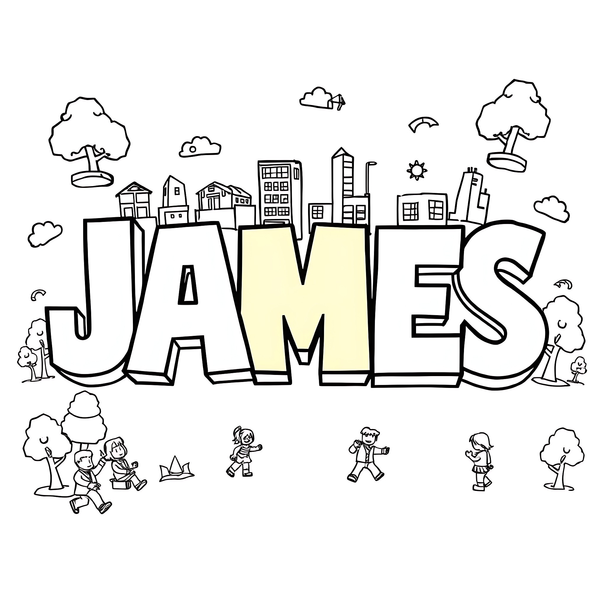 James' Playful City Adventure Coloring Page (free black-and-white line drawing printable PDF for all, from beginners to advanced learners, including children, teens, adults, and seniors)