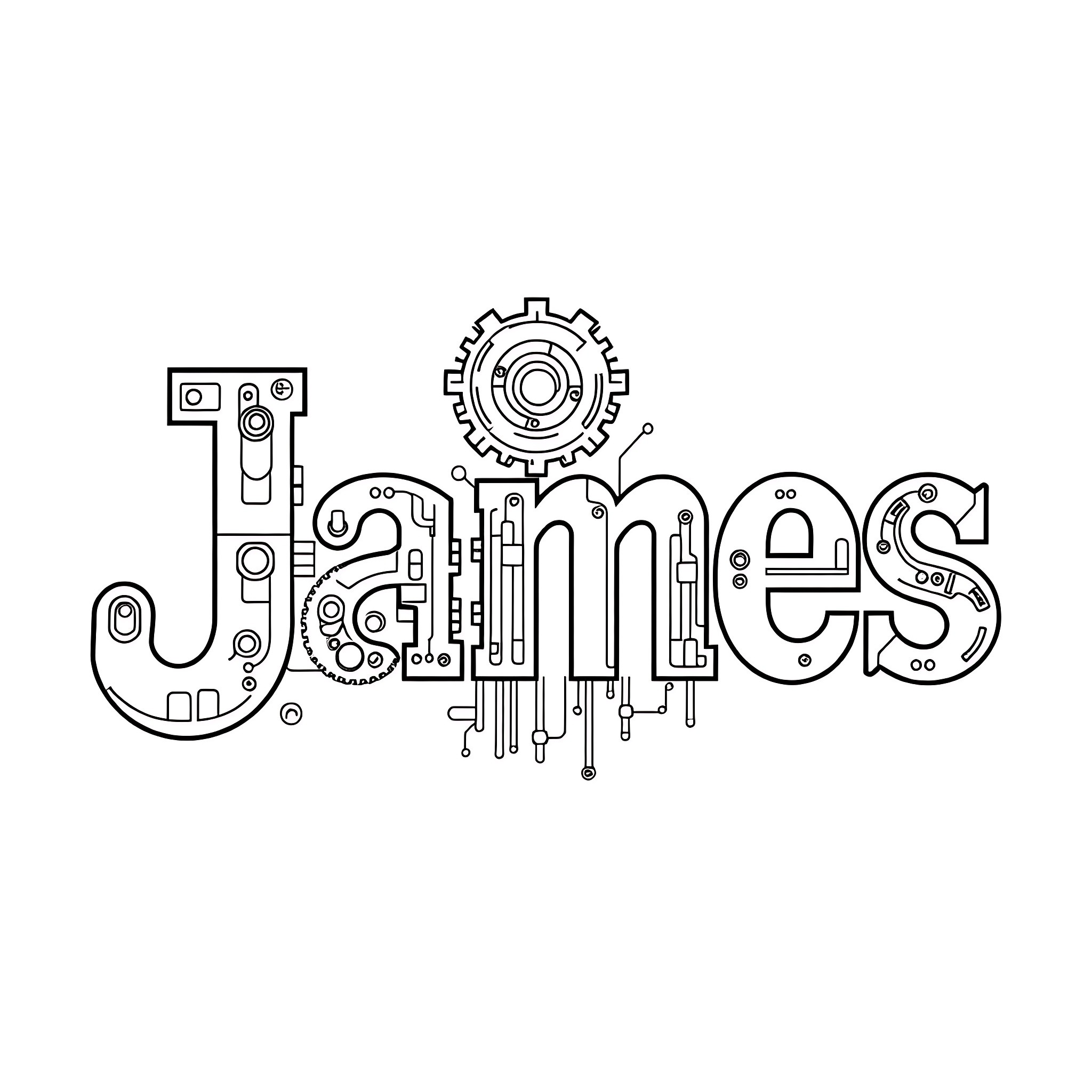 James and the mechanical gears Coloring Page (free black-and-white line drawing printable PDF for all, from beginners to advanced learners, including children, teens, adults, and seniors)