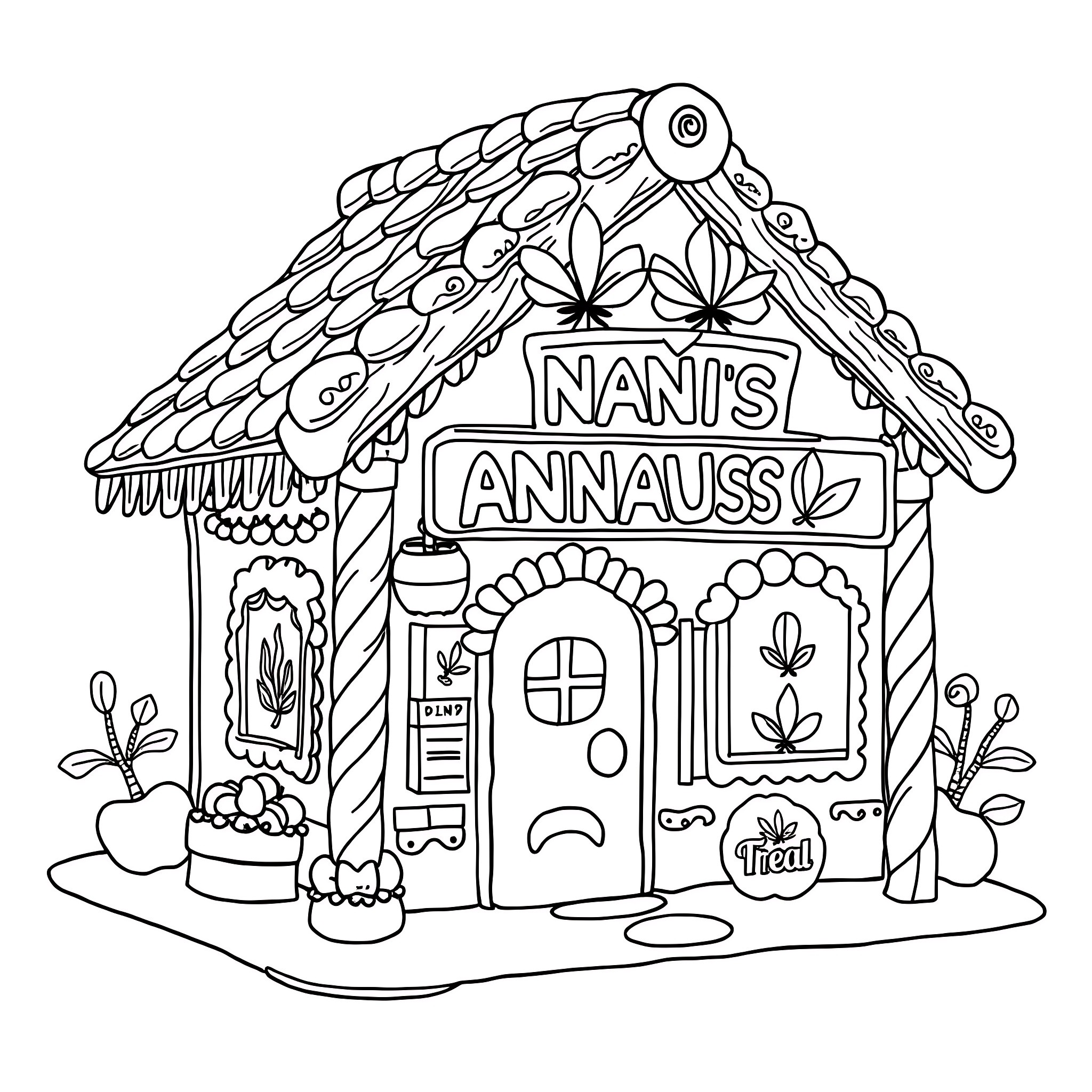 Gingerbread House with Whimsical Details and Shop Sign Coloring Page (free black-and-white line drawing printable PDF for all, from beginners to advanced learners, including children, teens, adults, and seniors)
