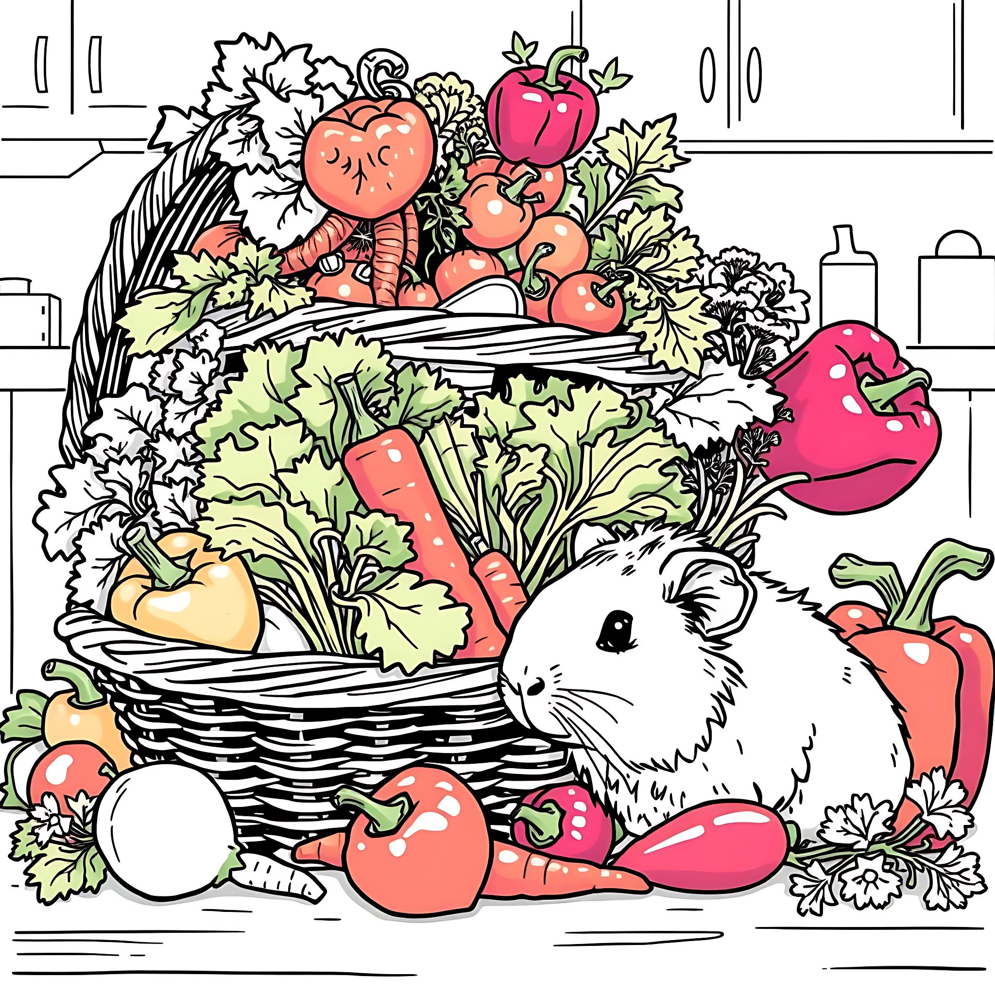 Guinea Pig discovering a basket of fresh vegetables Coloring Page (free black-and-white line drawing printable PDF for all, from beginners to advanced learners, including children, teens, adults, and seniors)