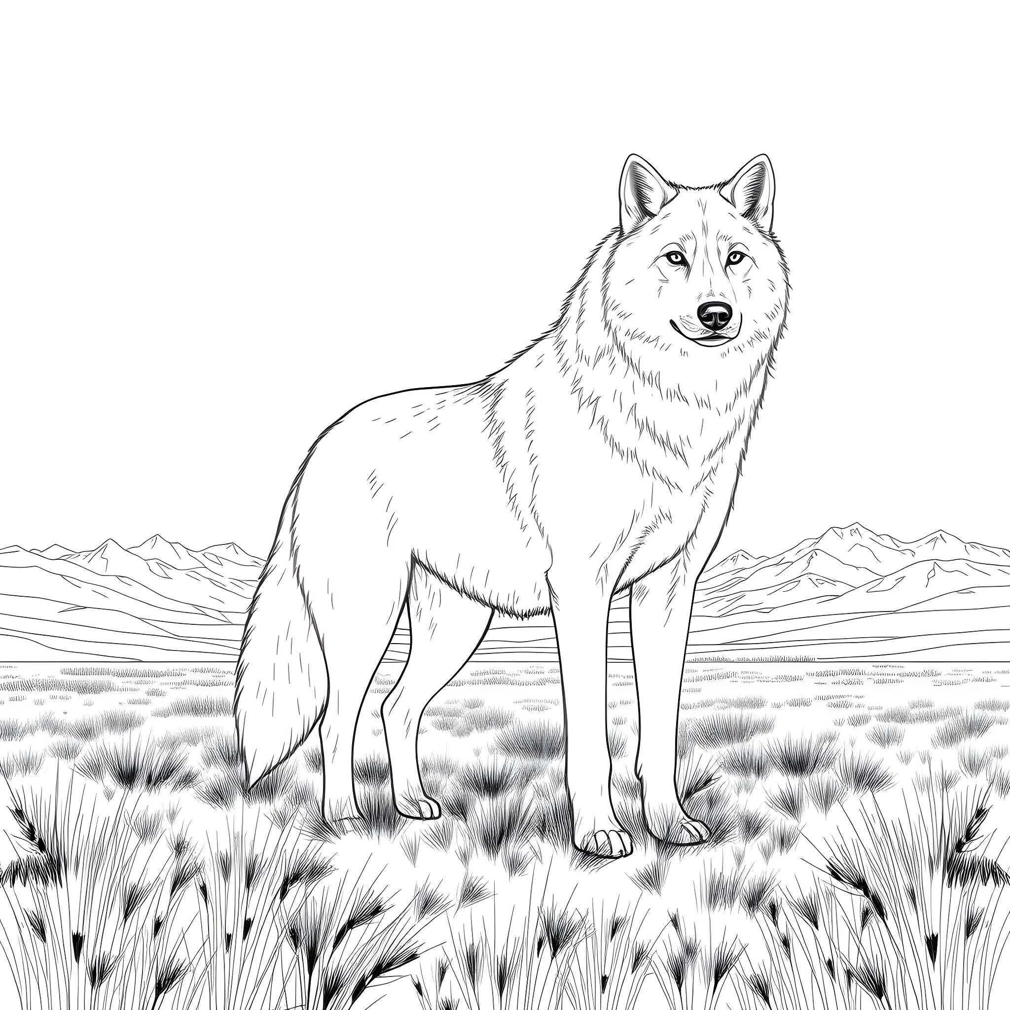 Wolf standing in a vast wilderness landscape Coloring Page (free black-and-white line drawing printable PDF for all, from beginners to advanced learners, including children, teens, adults, and seniors)