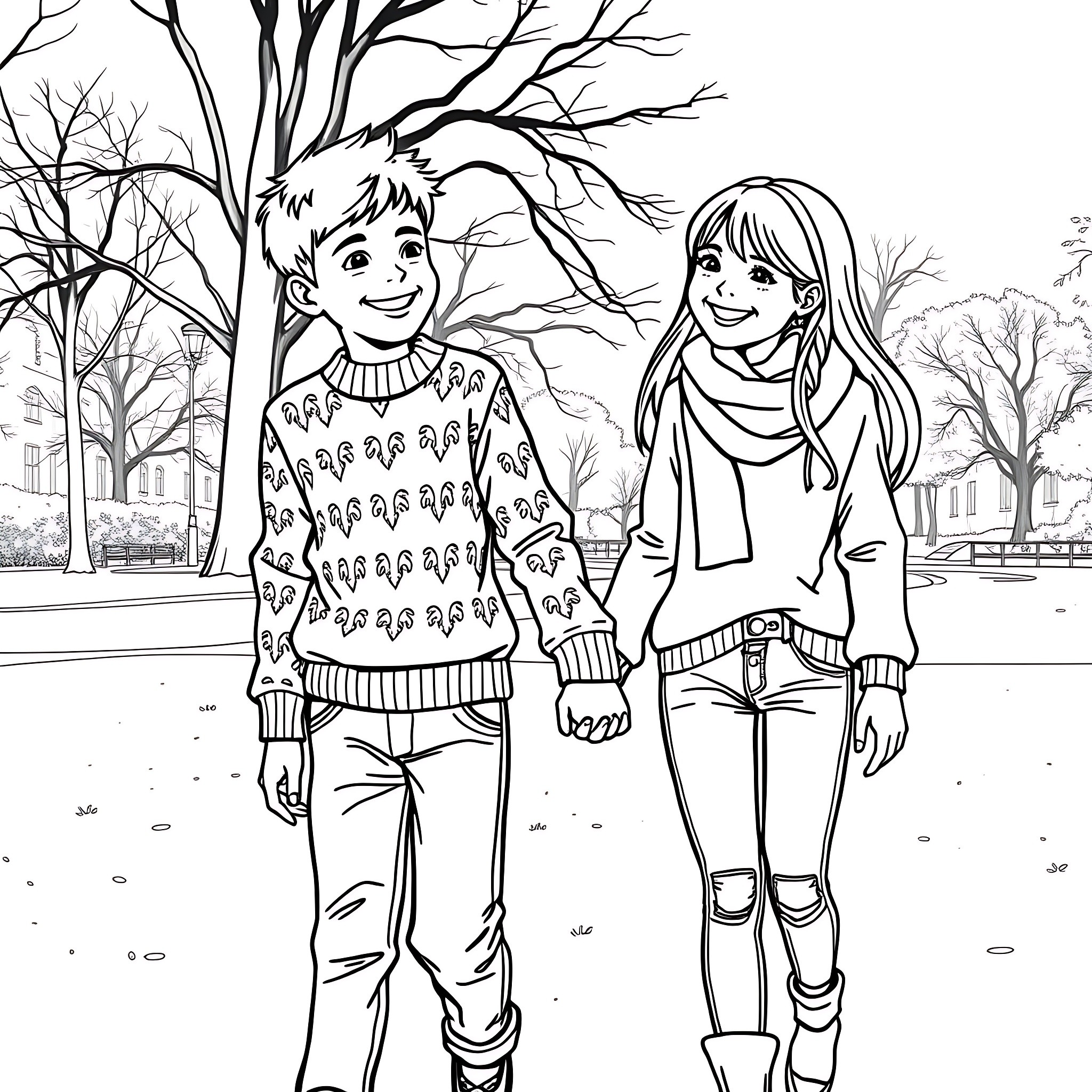 Boy and girl taking winter stroll in park Coloring Page (free black-and-white line drawing printable PDF for all, from beginners to advanced learners, including children, teens, adults, and seniors)