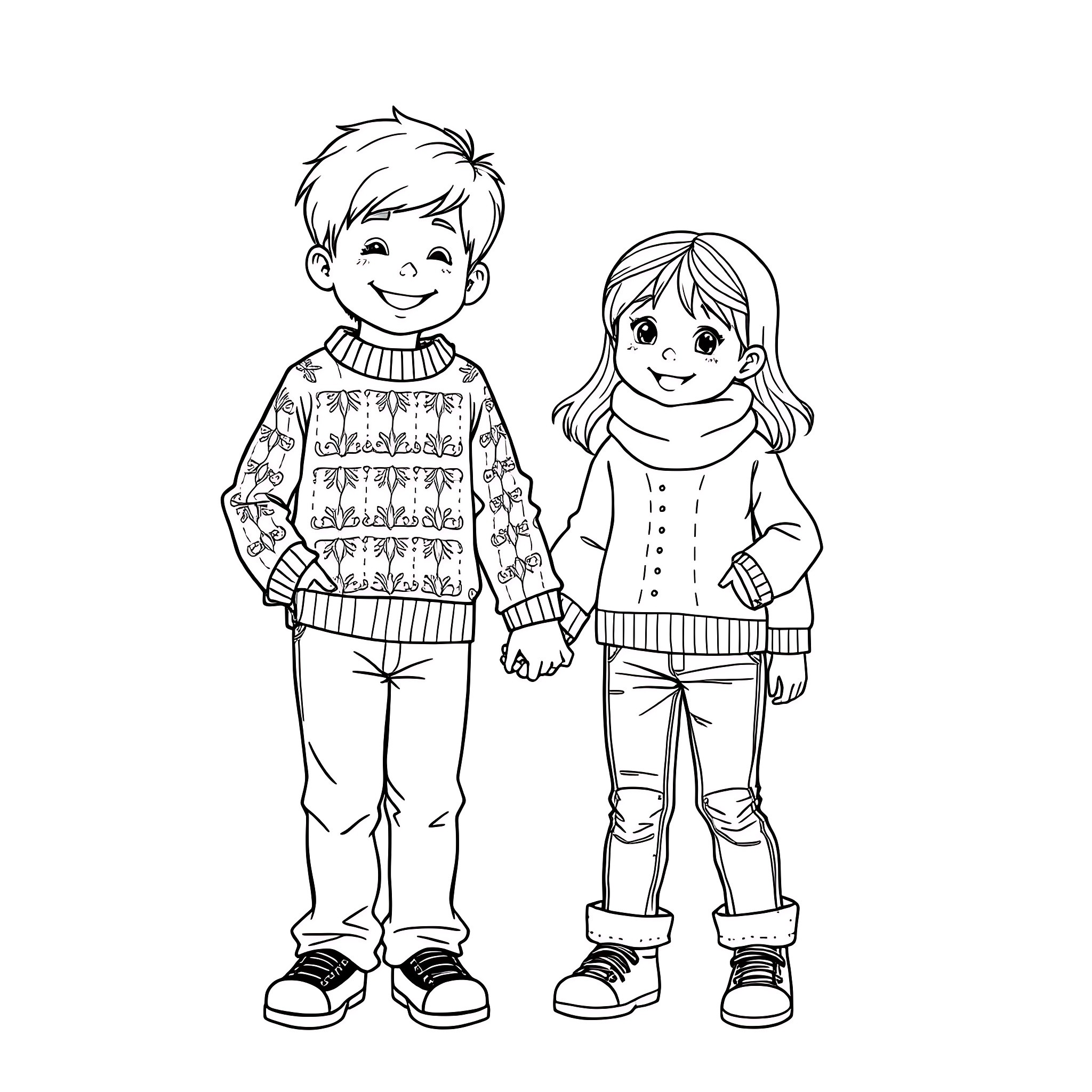 Boy and girl in winter outfits Coloring Page (free black-and-white line drawing printable PDF for all, from beginners to advanced learners, including children, teens, adults, and seniors)