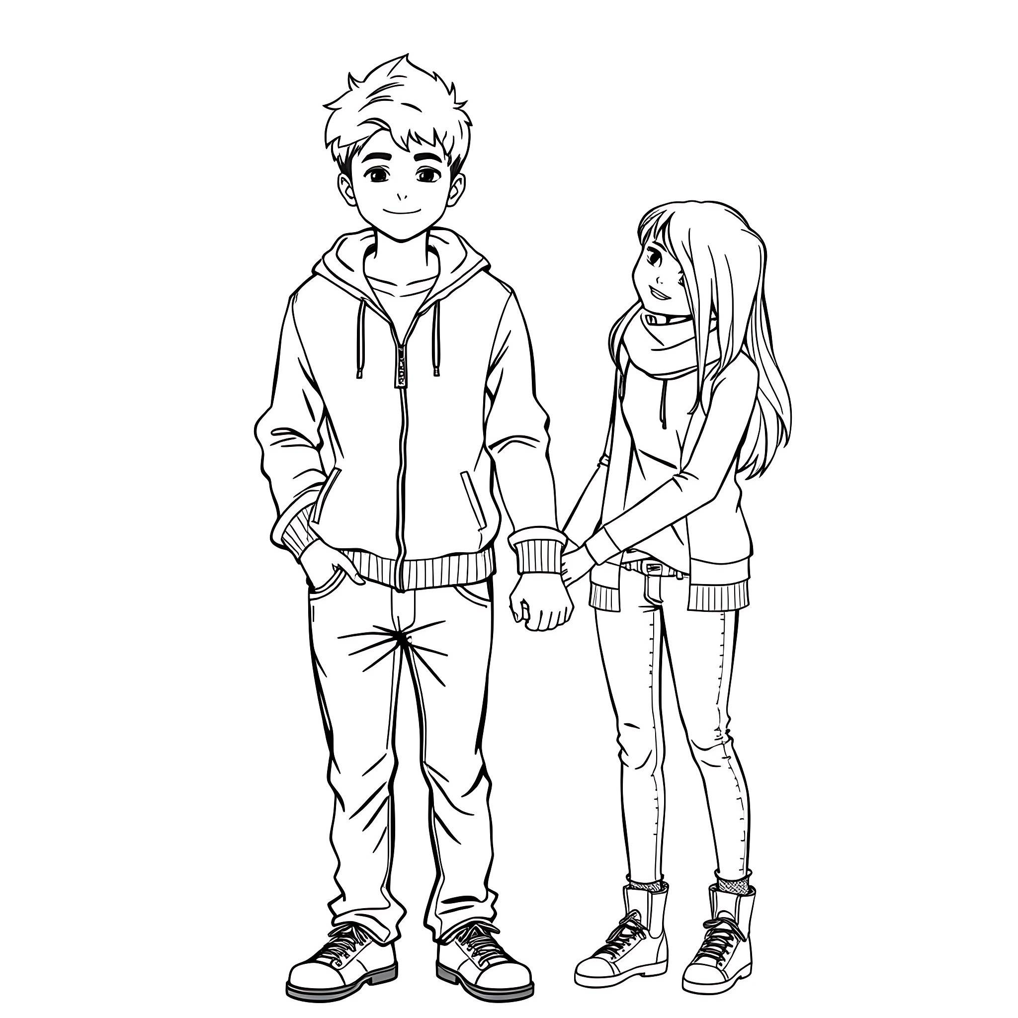 Boy and girl in casual outfits standing together Coloring Page (free black-and-white line drawing printable PDF for all, from beginners to advanced learners, including children, teens, adults, and seniors)