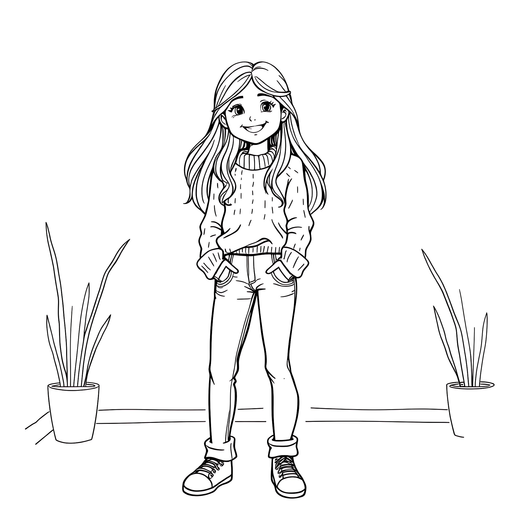 Girl smiling happily in a room Coloring Page (free black-and-white line drawing printable PDF for all, from beginners to advanced learners, including children, teens, adults, and seniors)