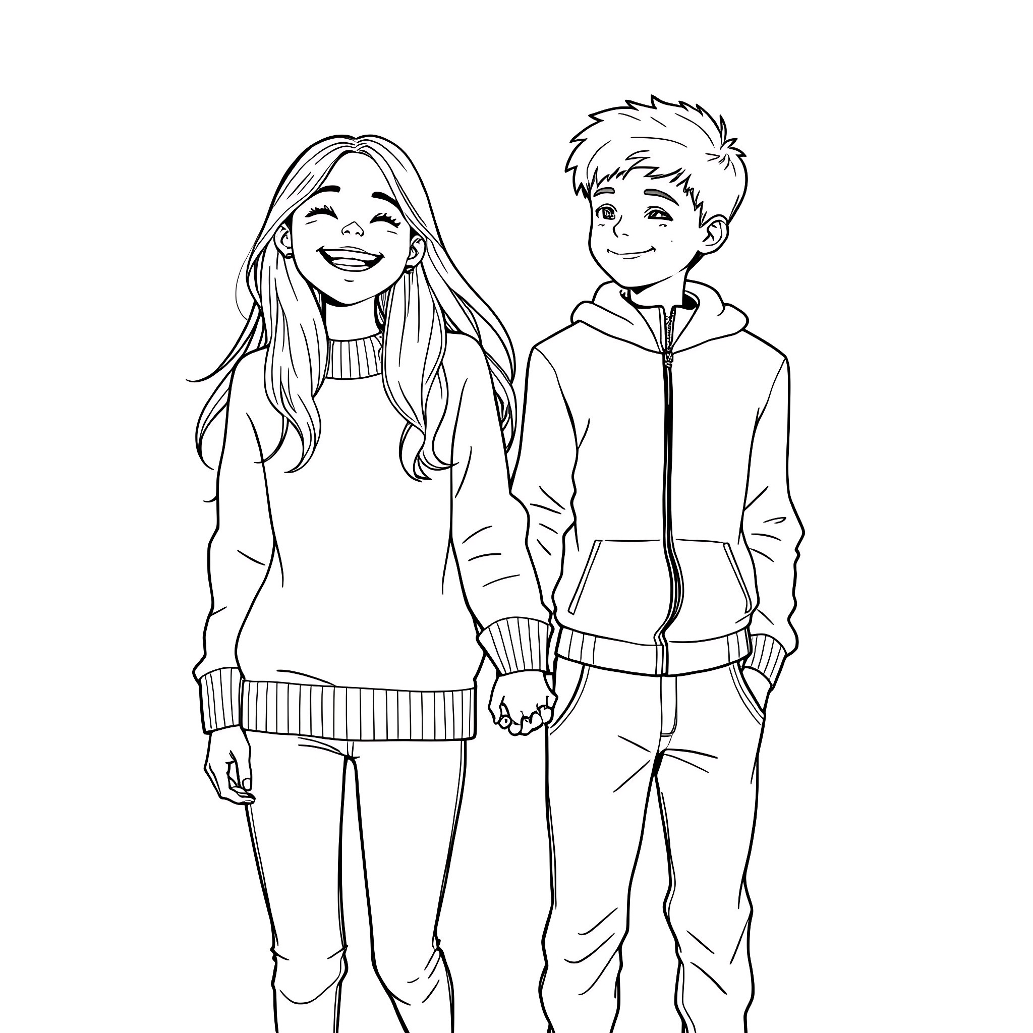 Girl and boy walking together happily Coloring Page (free black-and-white line drawing printable PDF for all, from beginners to advanced learners, including children, teens, adults, and seniors)