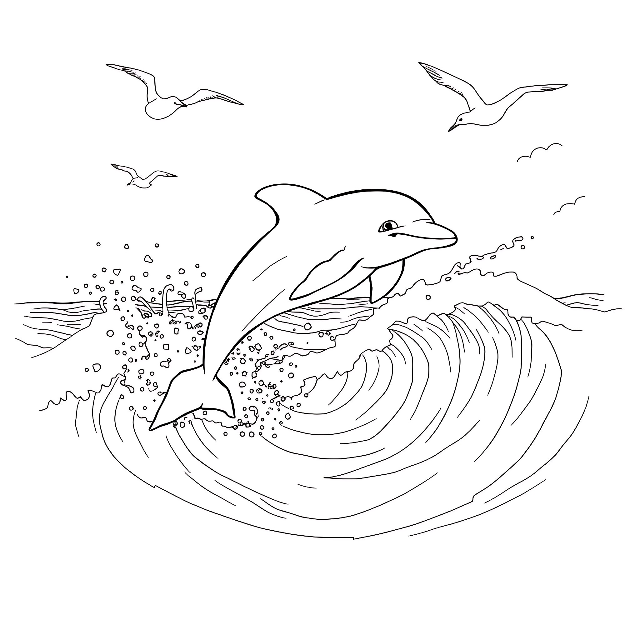 Dolphin Jumping Out of Waves with Seagulls Flying Coloring Page (free black-and-white line drawing printable PDF for all, from beginners to advanced learners, including children, teens, adults, and seniors)
