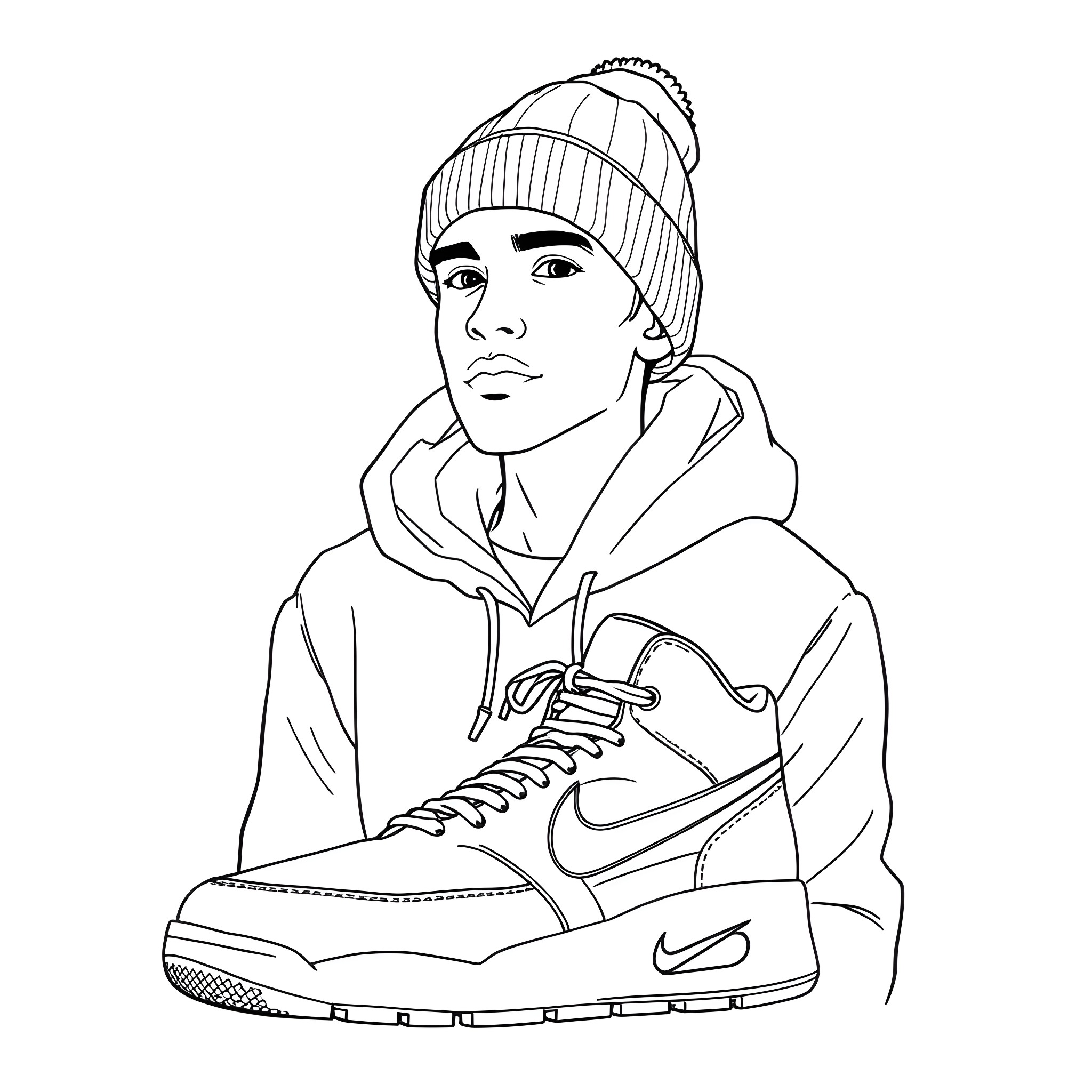 Male in winter outfit holding sneaker Coloring Page (free black-and-white line drawing printable PDF for all, from beginners to advanced learners, including children, teens, adults, and seniors)