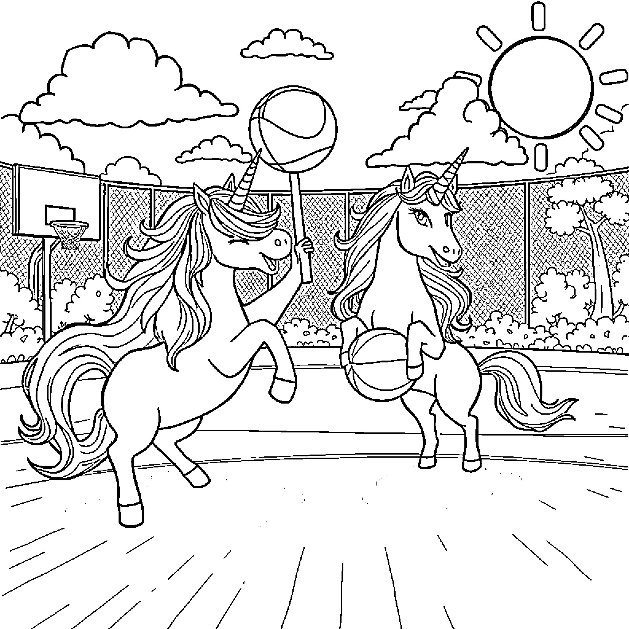 Unicorn playing with beach ball in sunny park Coloring Page (free black-and-white line drawing printable PDF for all, from beginners to advanced learners, including children, teens, adults, and seniors)