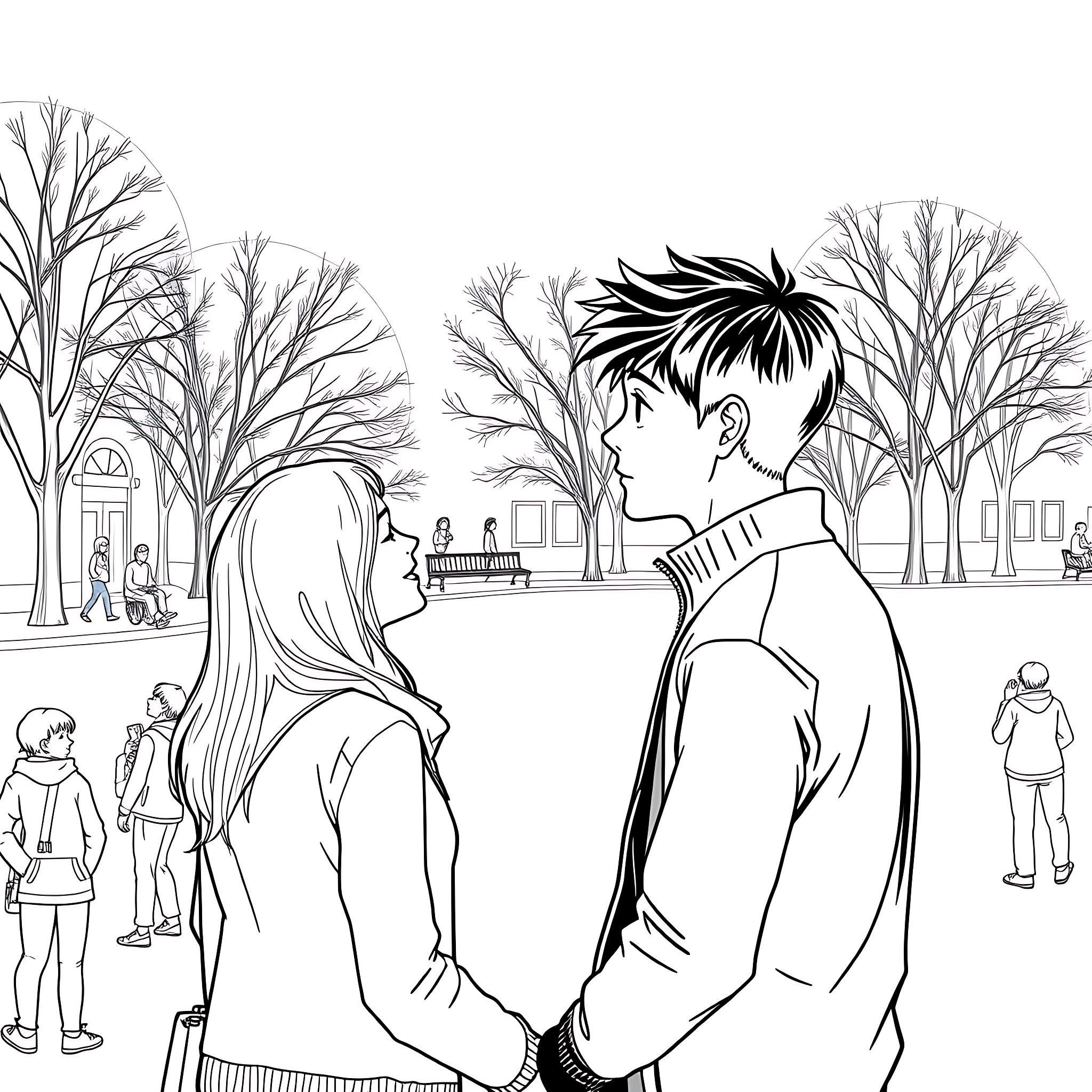Boy and girl in the park on a winter day Coloring Page (free black-and-white line drawing printable PDF for all, from beginners to advanced learners, including children, teens, adults, and seniors)