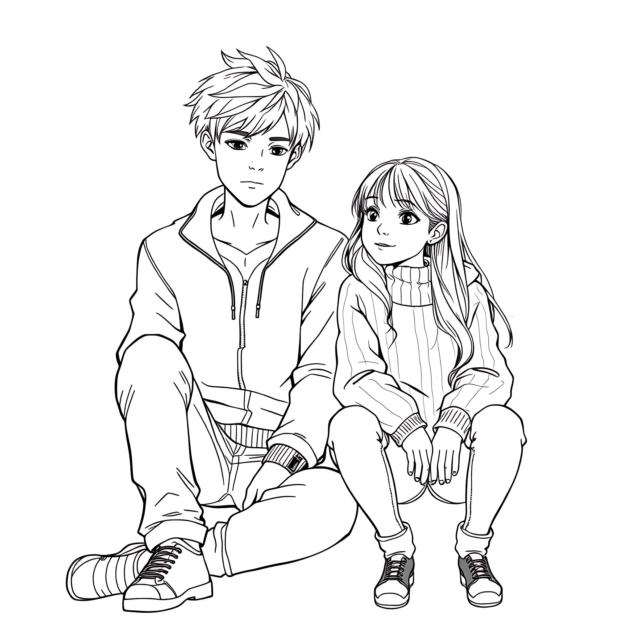 Boy and girl sitting together in casual outfits Coloring Page (free black-and-white line drawing printable PDF for all, from beginners to advanced learners, including children, teens, adults, and seniors)