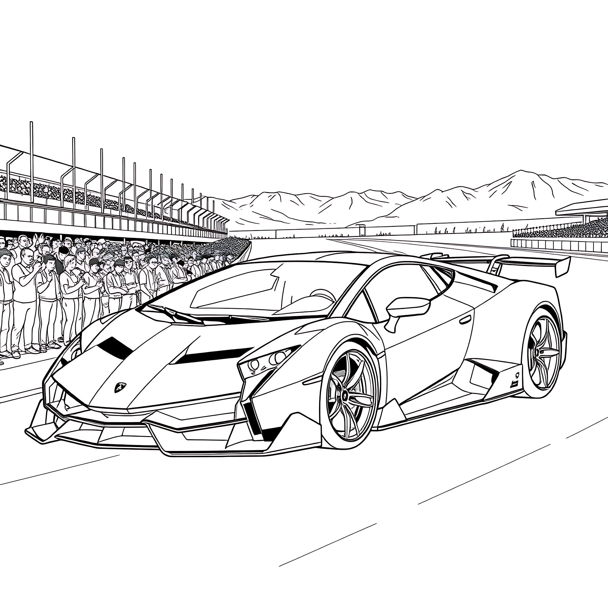 Lamborghini racing on the track with spectators Coloring Page (free black-and-white line drawing printable PDF for all, from beginners to advanced learners, including children, teens, adults, and seniors)