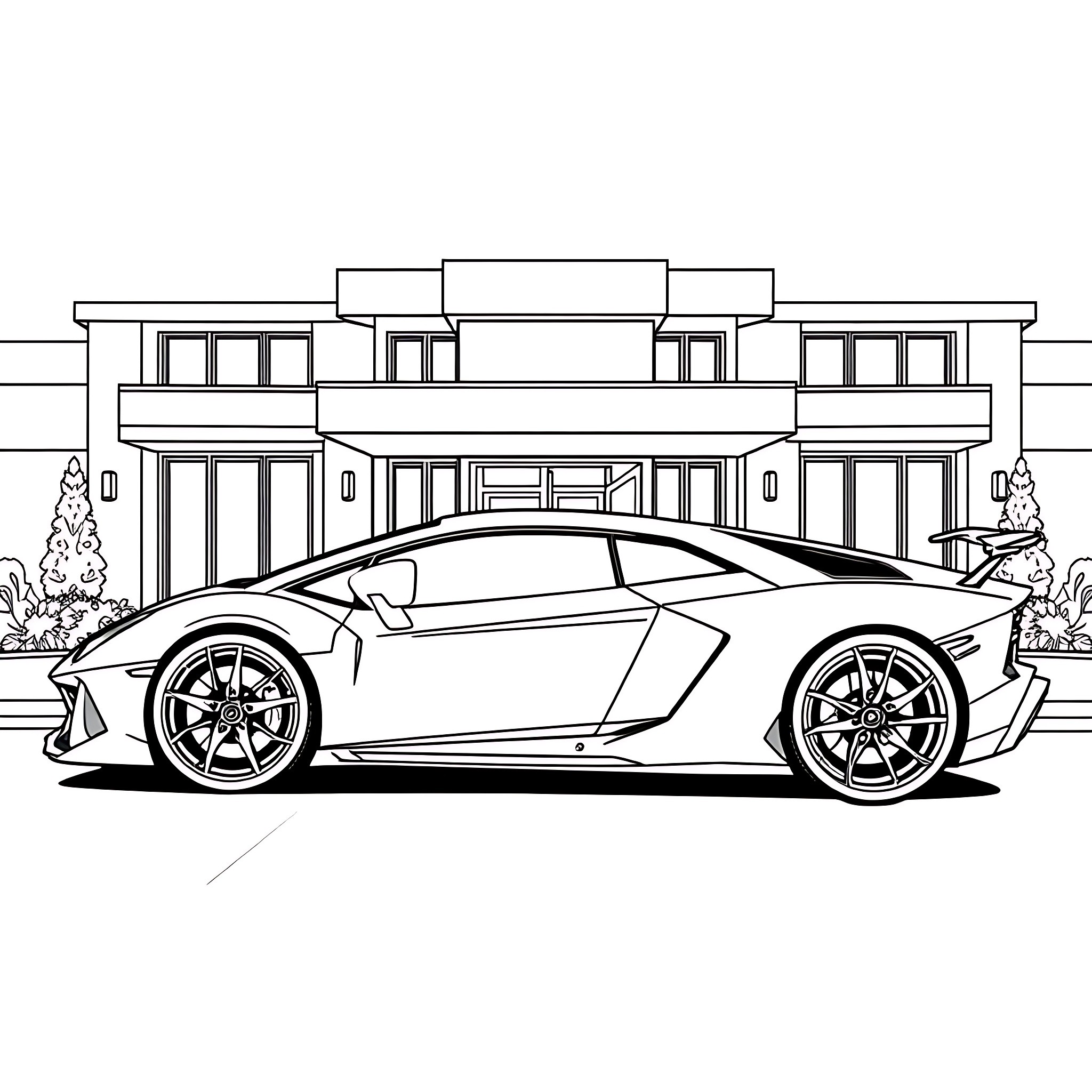 Lamborghini supercar parked in front of modern villa Coloring Page (free black-and-white line drawing printable PDF for all, from beginners to advanced learners, including children, teens, adults, and seniors)