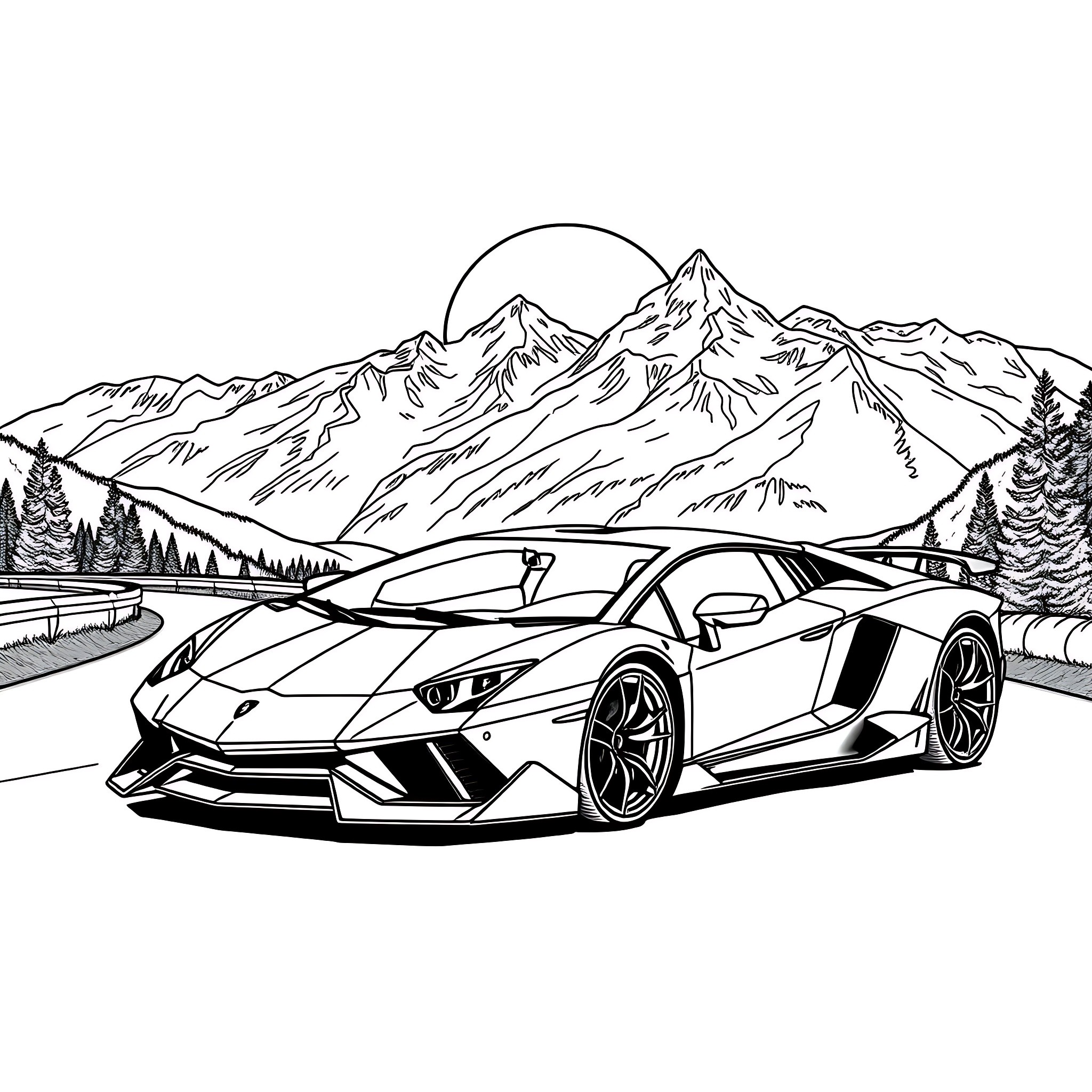 Lamborghini sports car in the mountains Coloring Page (free black-and-white line drawing printable PDF for all, from beginners to advanced learners, including children, teens, adults, and seniors)