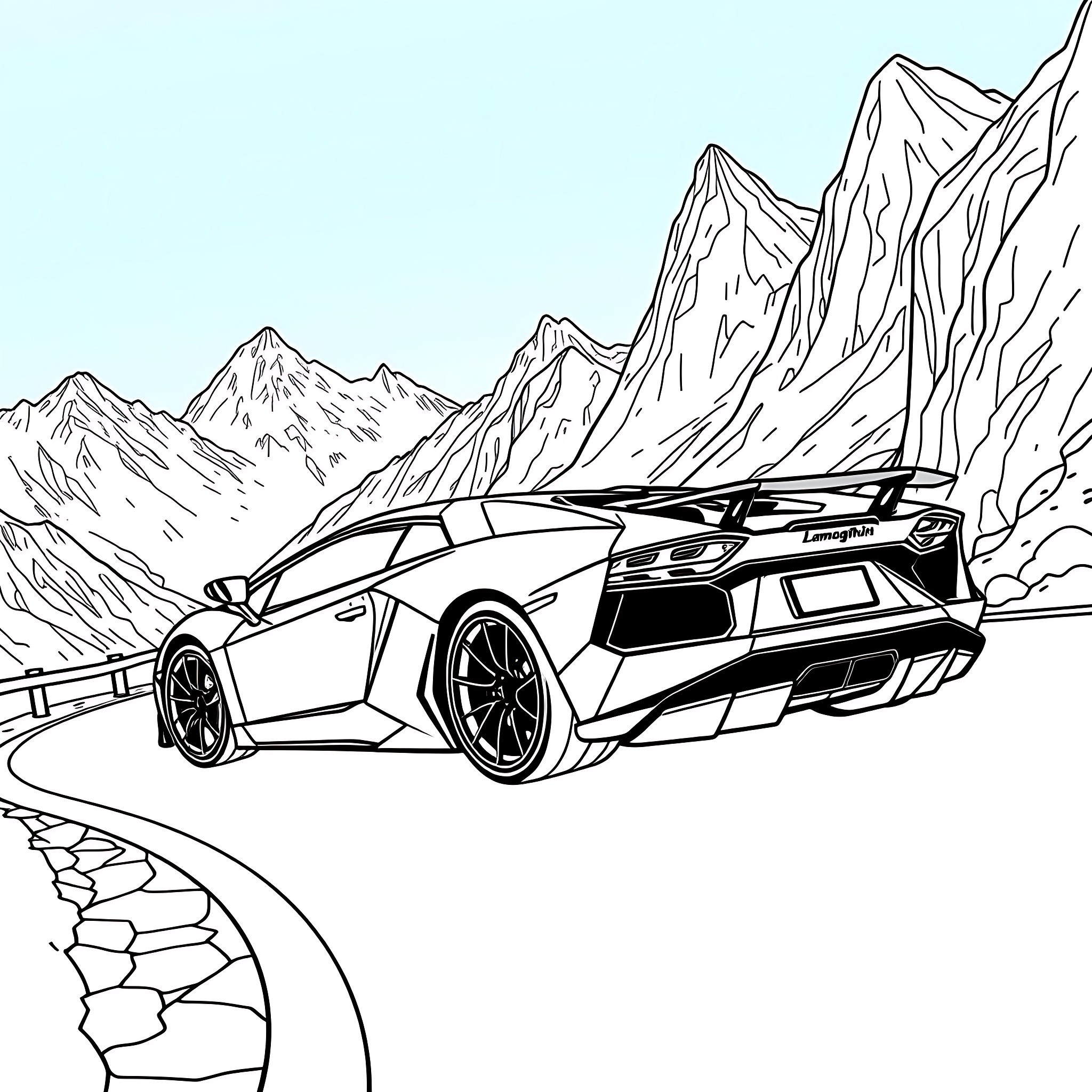 Lamborghini speeding through mountain roads Coloring Page (free black-and-white line drawing printable PDF for all, from beginners to advanced learners, including children, teens, adults, and seniors)