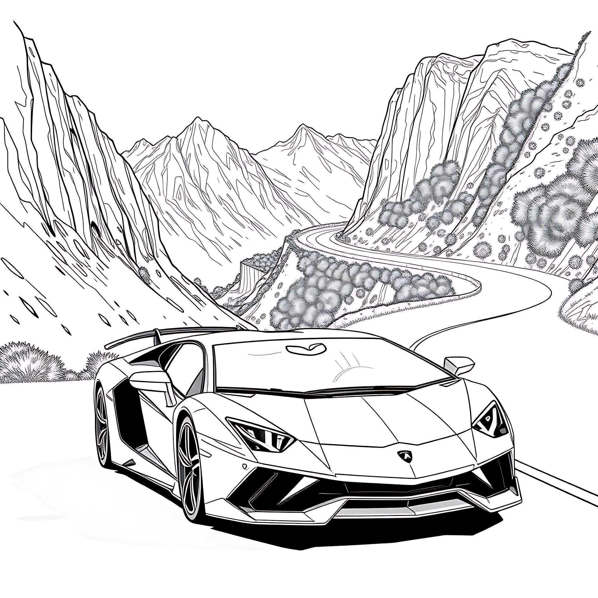 Lamborghini sports car driving through scenic mountains Coloring Page (free black-and-white line drawing printable PDF for all, from beginners to advanced learners, including children, teens, adults, and seniors)