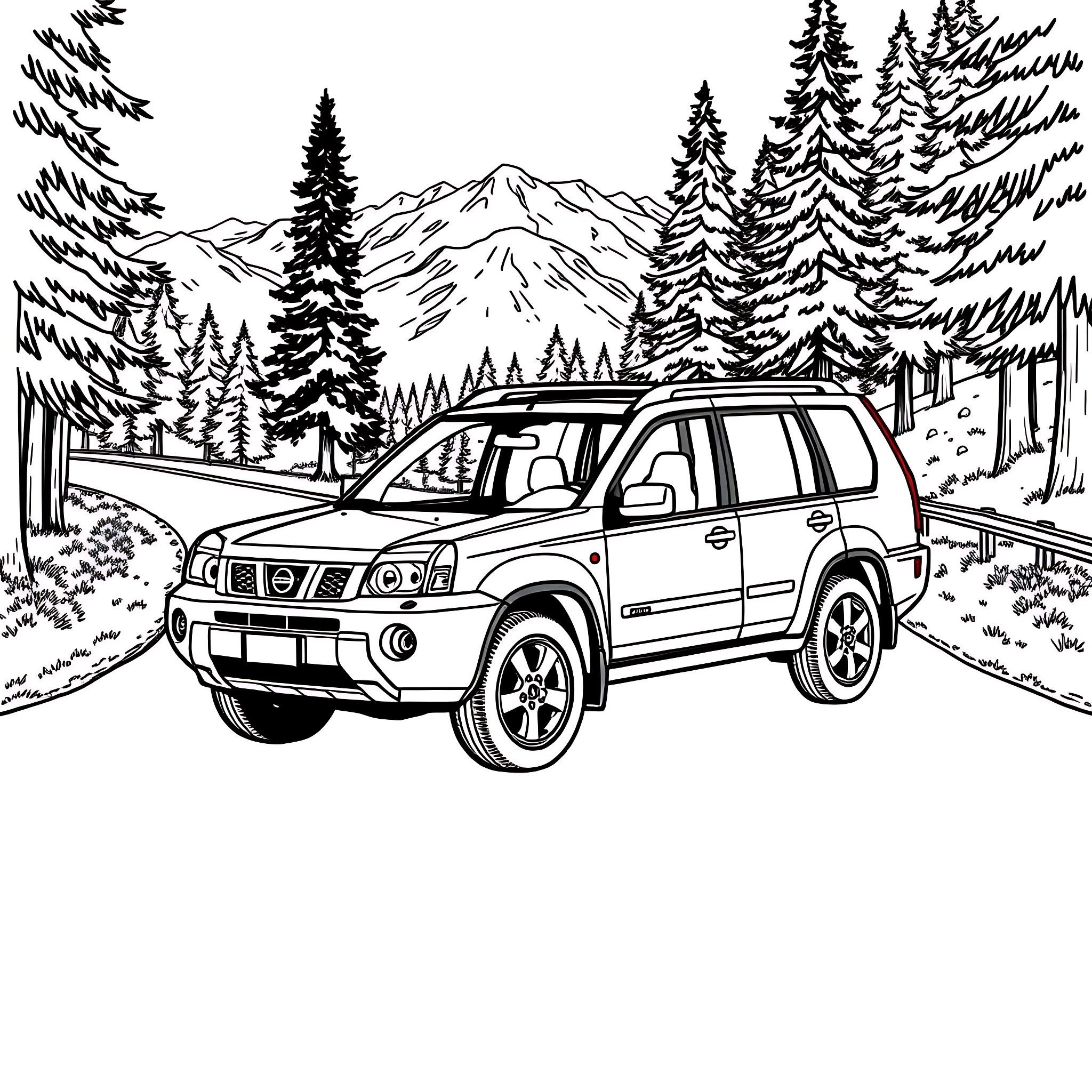 Nissan X Trail driving on scenic mountain road Coloring Page (free black-and-white line drawing printable PDF for all, from beginners to advanced learners, including children, teens, adults, and seniors)
