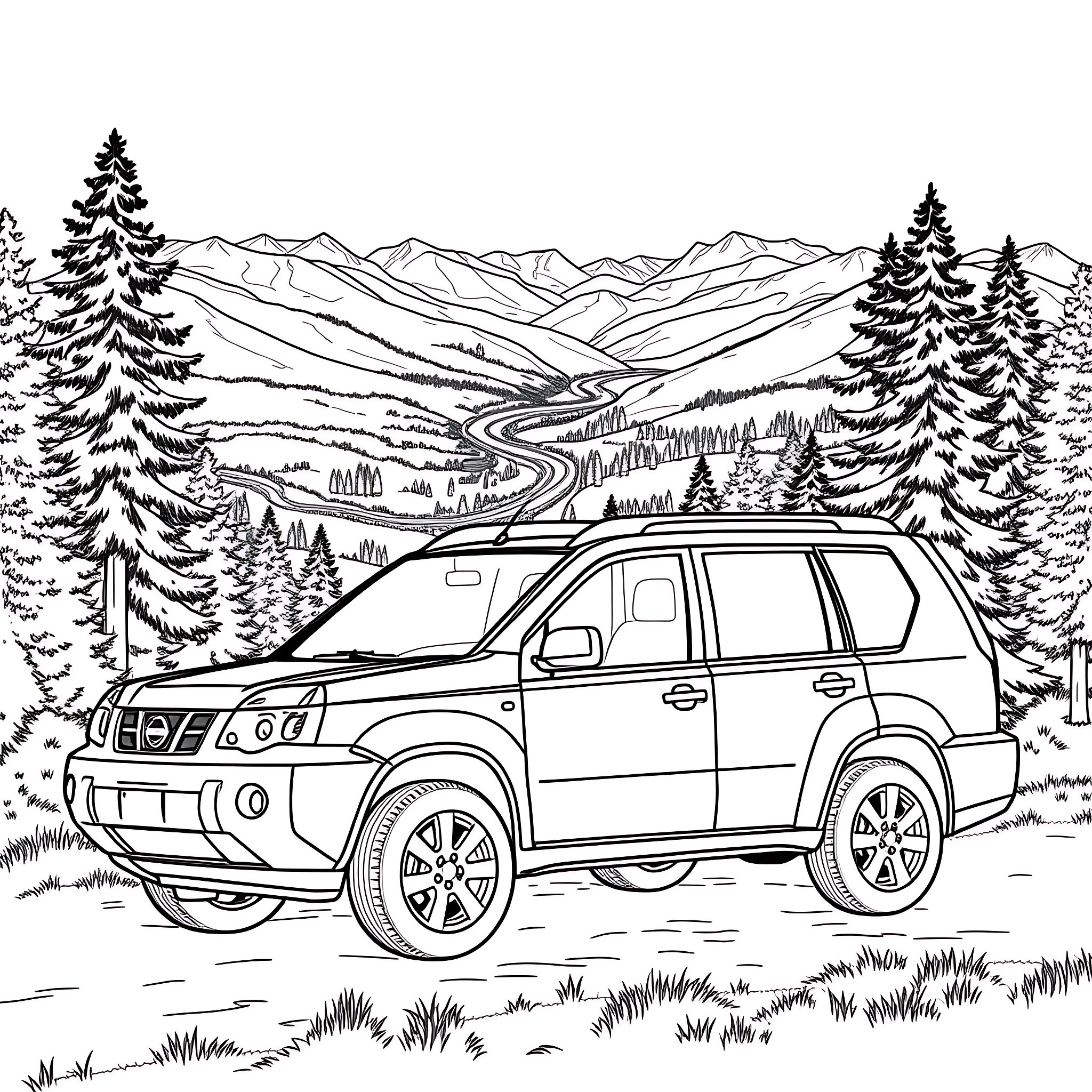 Nissan X Trail driving through scenic mountain landscape Coloring Page (free black-and-white line drawing printable PDF for all, from beginners to advanced learners, including children, teens, adults, and seniors)