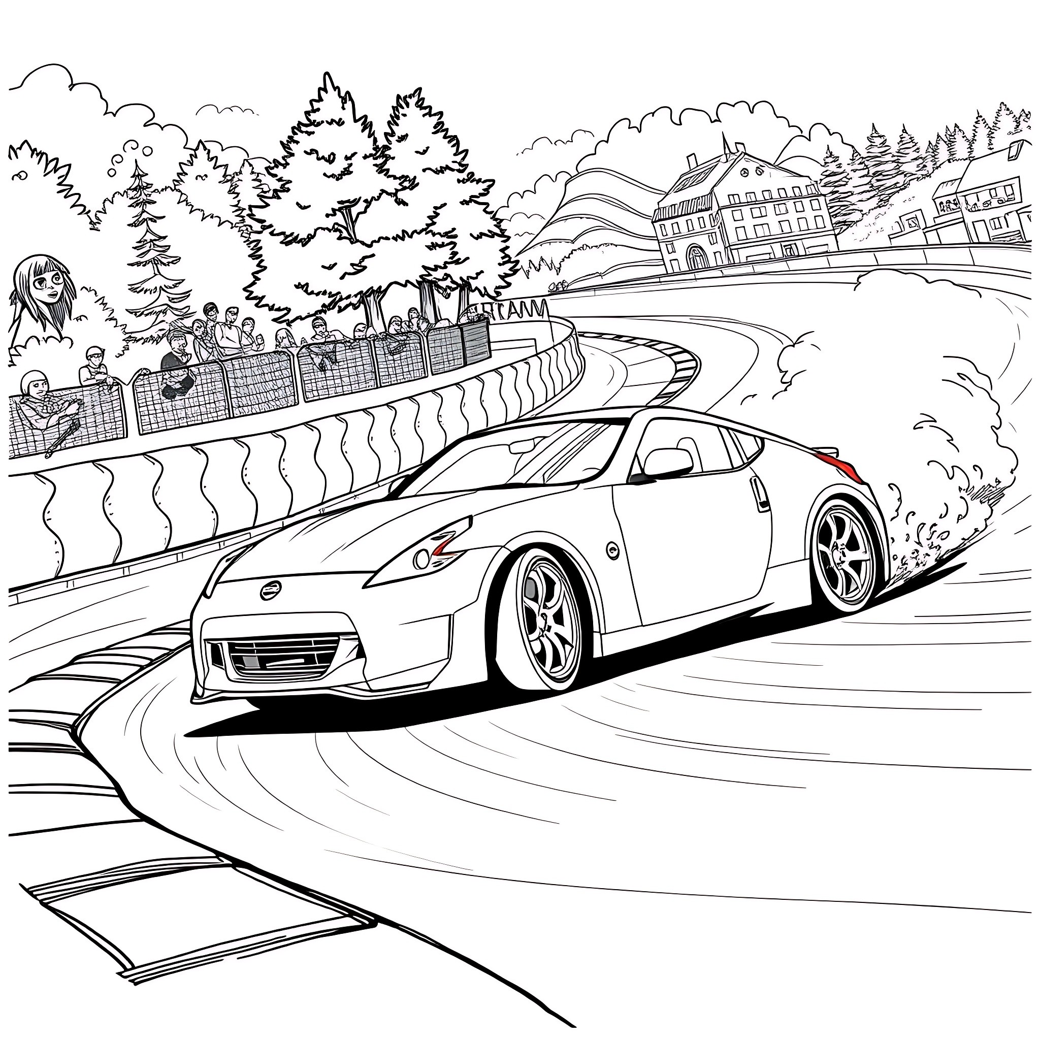 Nissan sports car speeding through mountain road Coloring Page (free black-and-white line drawing printable PDF for all, from beginners to advanced learners, including children, teens, adults, and seniors)