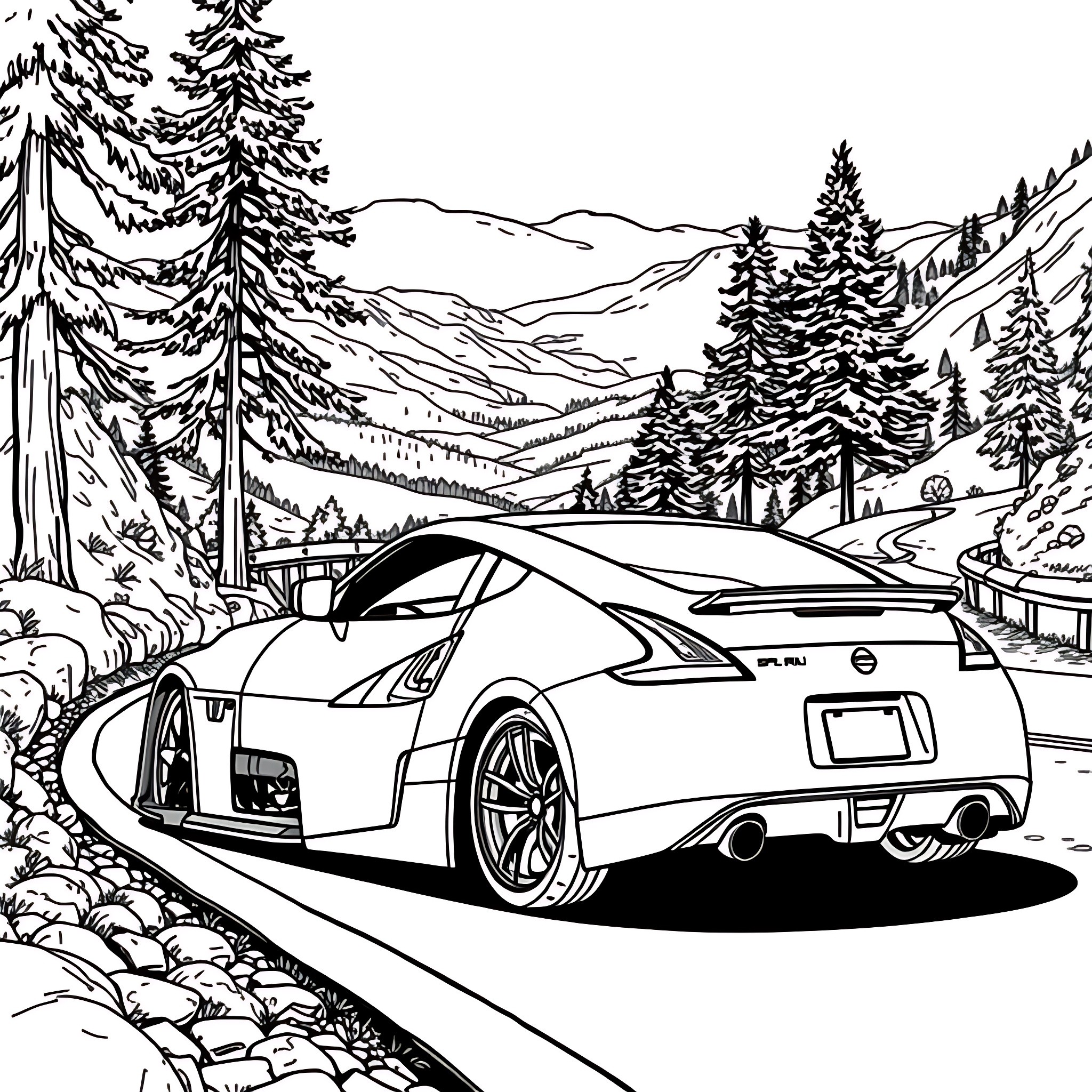 Nissan sports car driving through snowy mountain landscape Coloring Page (free black-and-white line drawing printable PDF for all, from beginners to advanced learners, including children, teens, adults, and seniors)