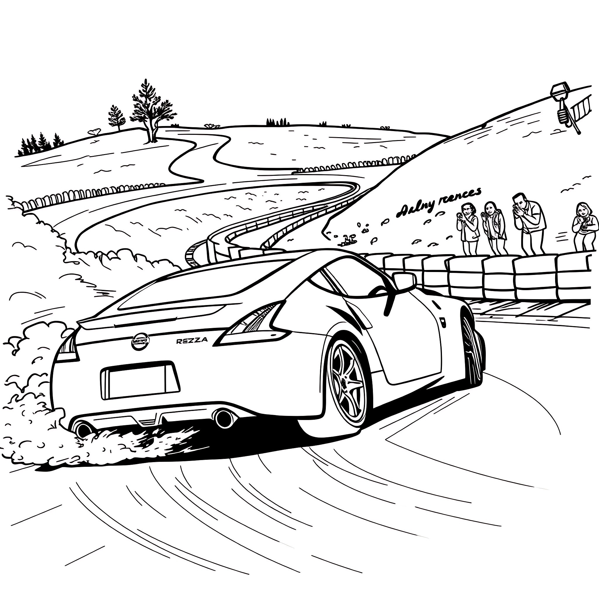Nissan 370z speeding through the countryside Coloring Page (free black-and-white line drawing printable PDF for all, from beginners to advanced learners, including children, teens, adults, and seniors)
