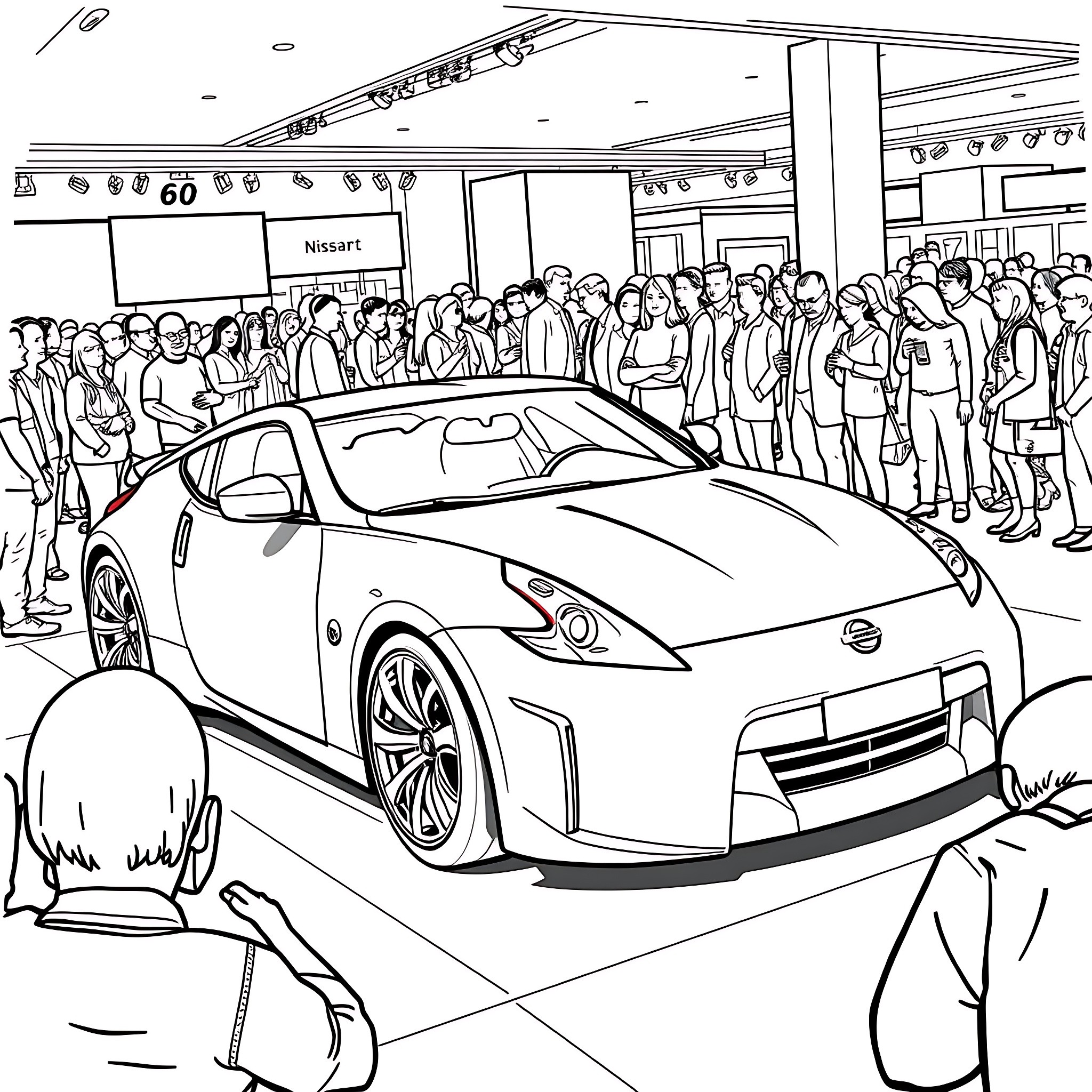 Nissan sports car unveiling event with crowd Coloring Page (free black-and-white line drawing printable PDF for all, from beginners to advanced learners, including children, teens, adults, and seniors)