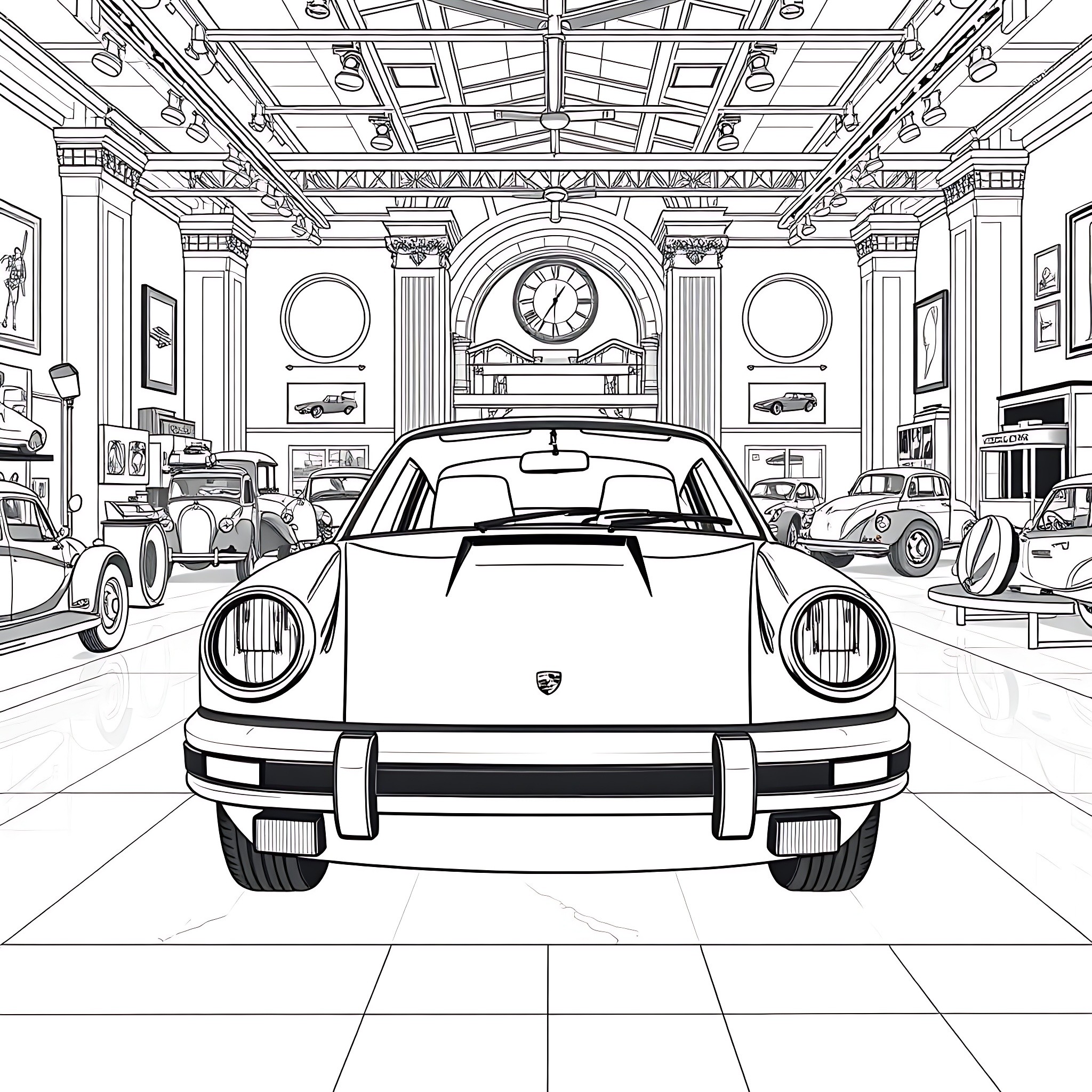 Porsche Sportscar Showroom with Classic Cars Coloring Page (free black-and-white line drawing printable PDF for all, from beginners to advanced learners, including children, teens, adults, and seniors)