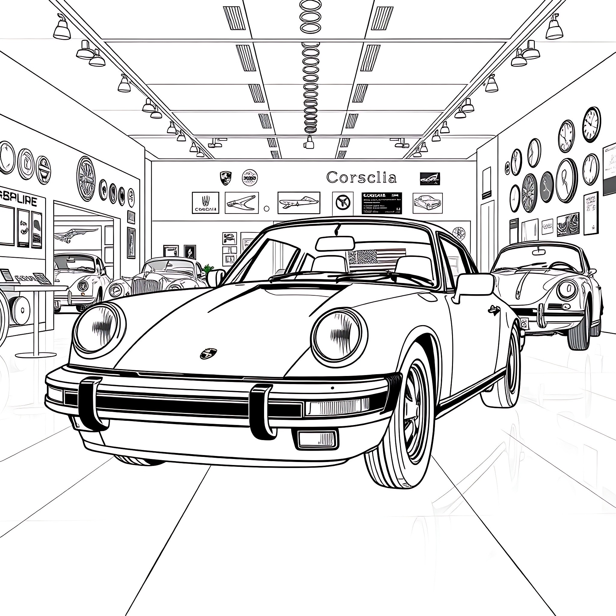 Porsche sports car in a showroom display Coloring Page (free black-and-white line drawing printable PDF for all, from beginners to advanced learners, including children, teens, adults, and seniors)