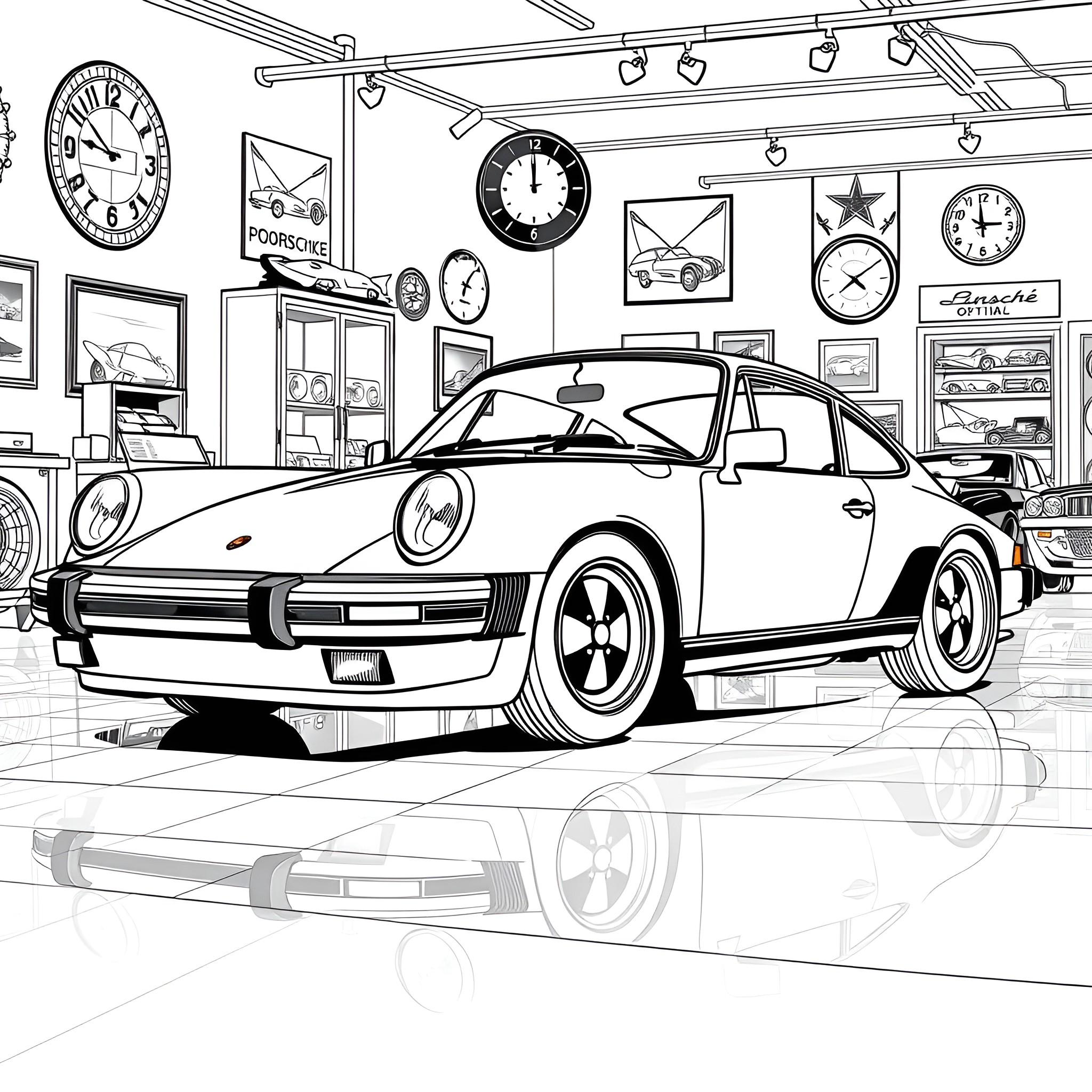 Porsche sports car in garage workshop Coloring Page (free black-and-white line drawing printable PDF for all, from beginners to advanced learners, including children, teens, adults, and seniors)