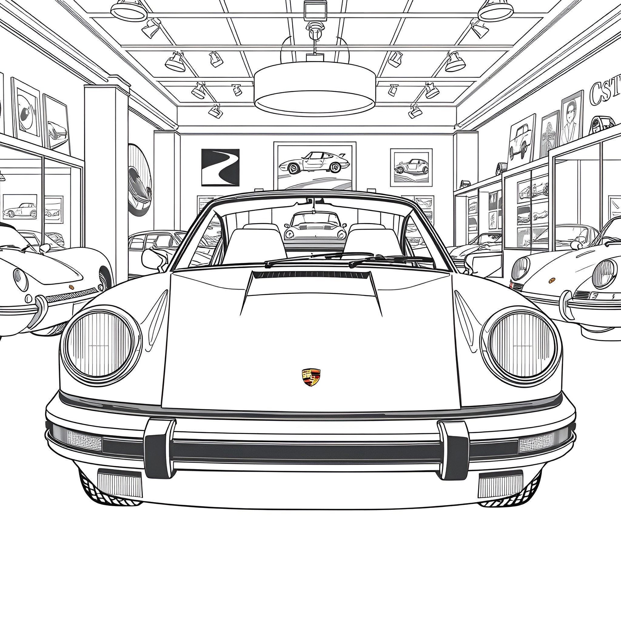 Porsche cars displayed in a showroom Coloring Page (free black-and-white line drawing printable PDF for all, from beginners to advanced learners, including children, teens, adults, and seniors)