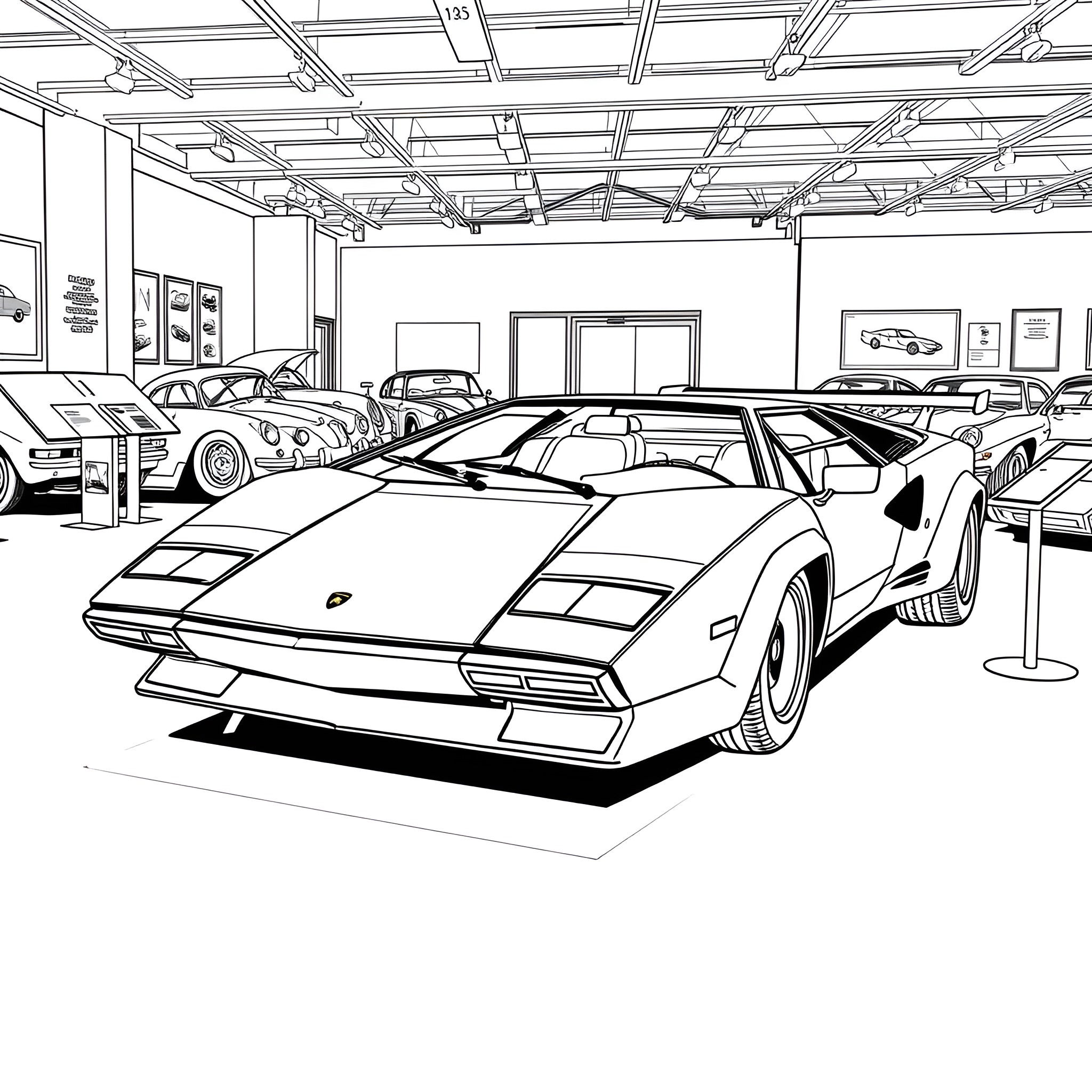 Lamborghini sports cars in showroom display Coloring Page (free black-and-white line drawing printable PDF for all, from beginners to advanced learners, including children, teens, adults, and seniors)
