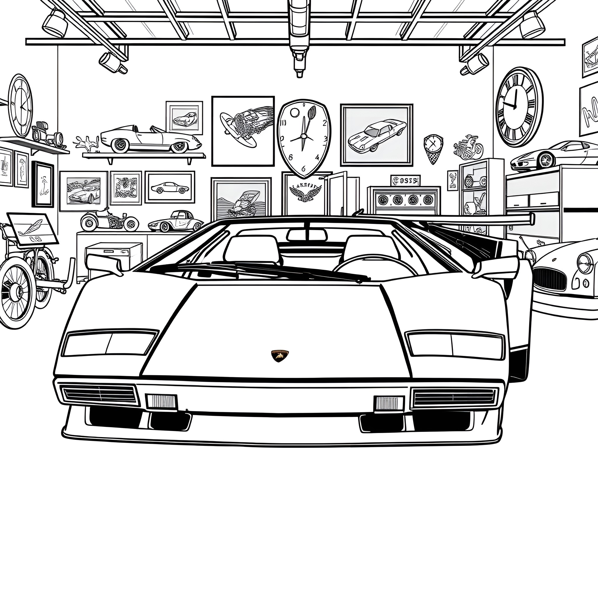 Lamborghini sports car in a garage with automotive memorabilia Coloring Page (free black-and-white line drawing printable PDF for all, from beginners to advanced learners, including children, teens, adults, and seniors)