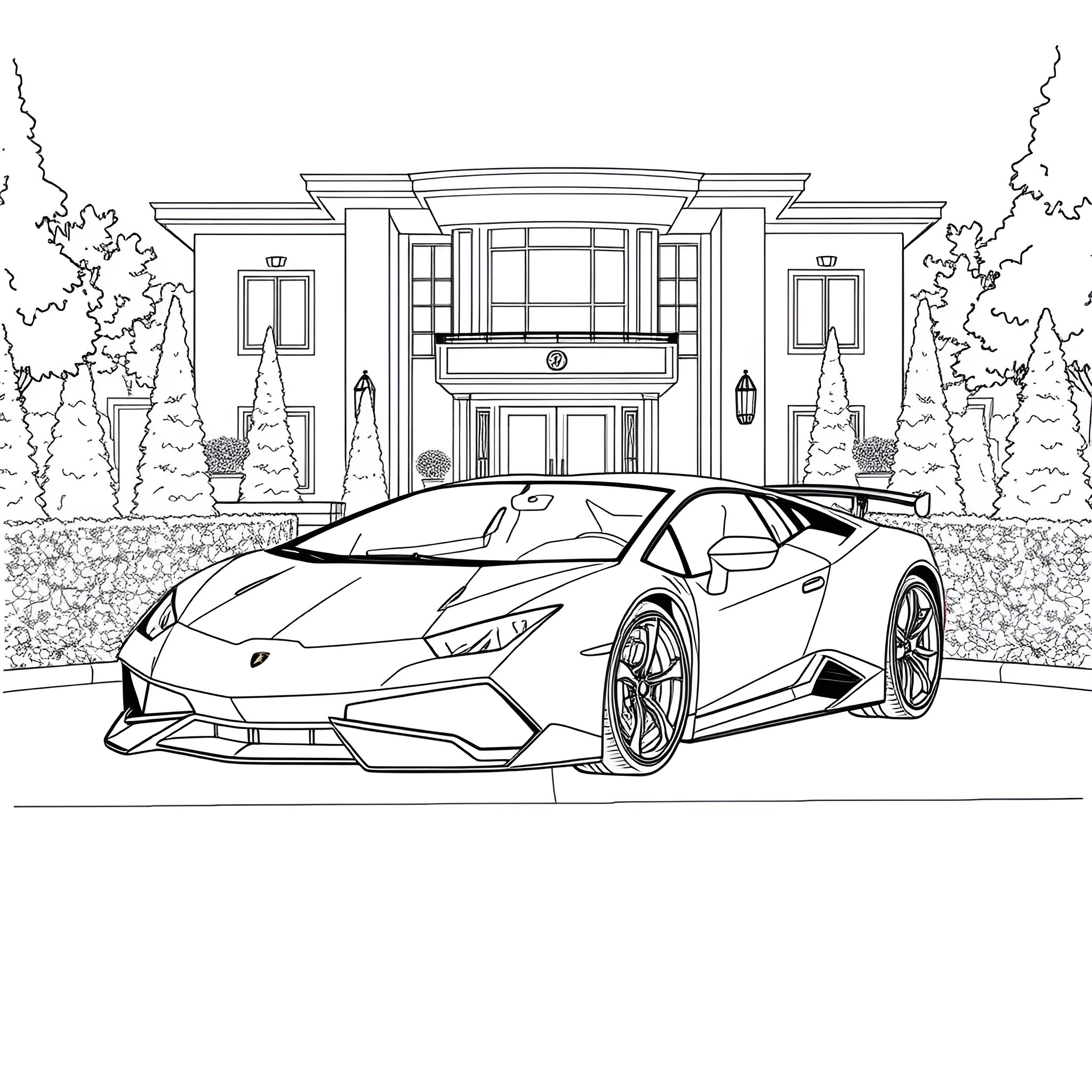 Lamborghini supercar in front of luxurious mansion Coloring Page (free black-and-white line drawing printable PDF for all, from beginners to advanced learners, including children, teens, adults, and seniors)