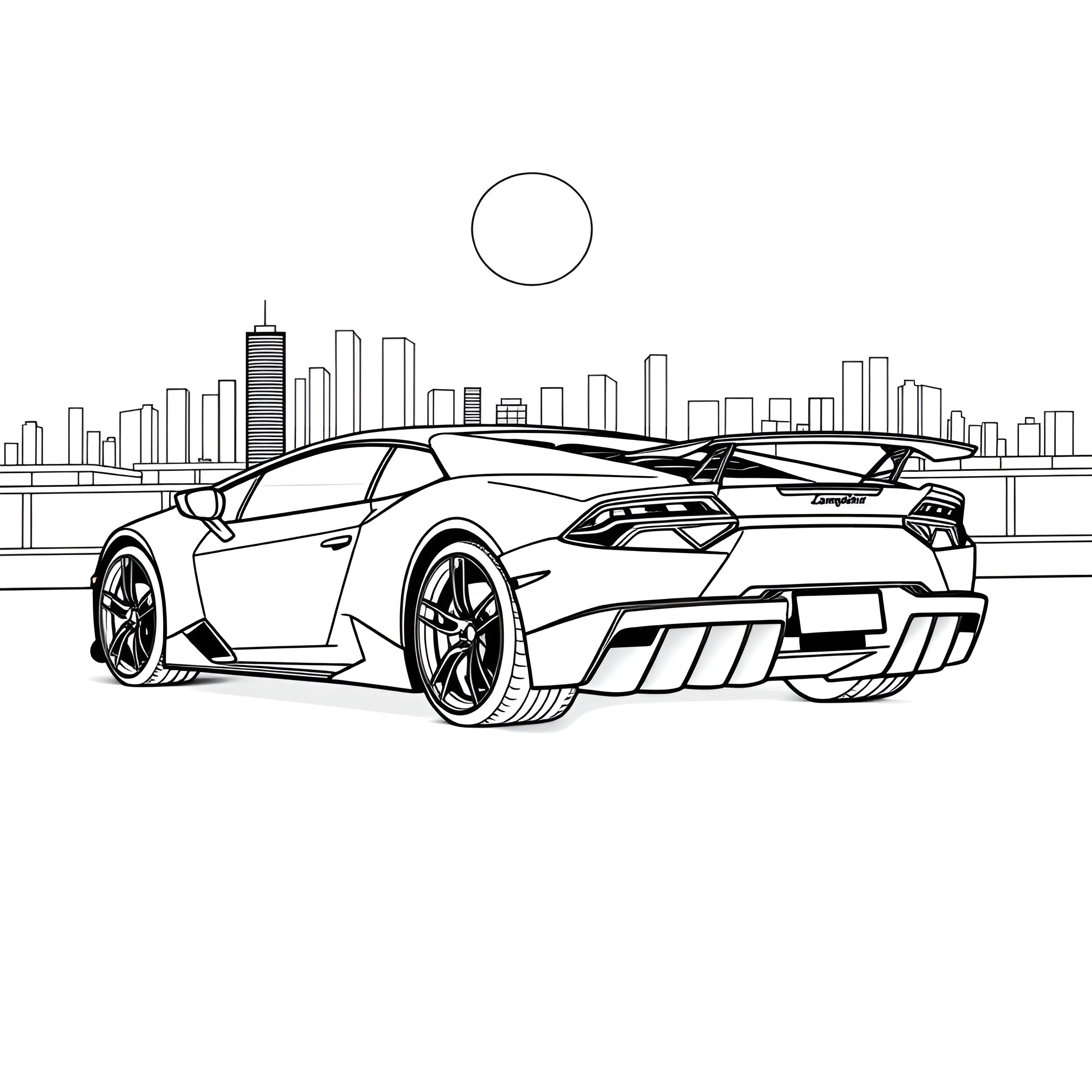 Lamborghini supercar racing in the city Coloring Page (free black-and-white line drawing printable PDF for all, from beginners to advanced learners, including children, teens, adults, and seniors)