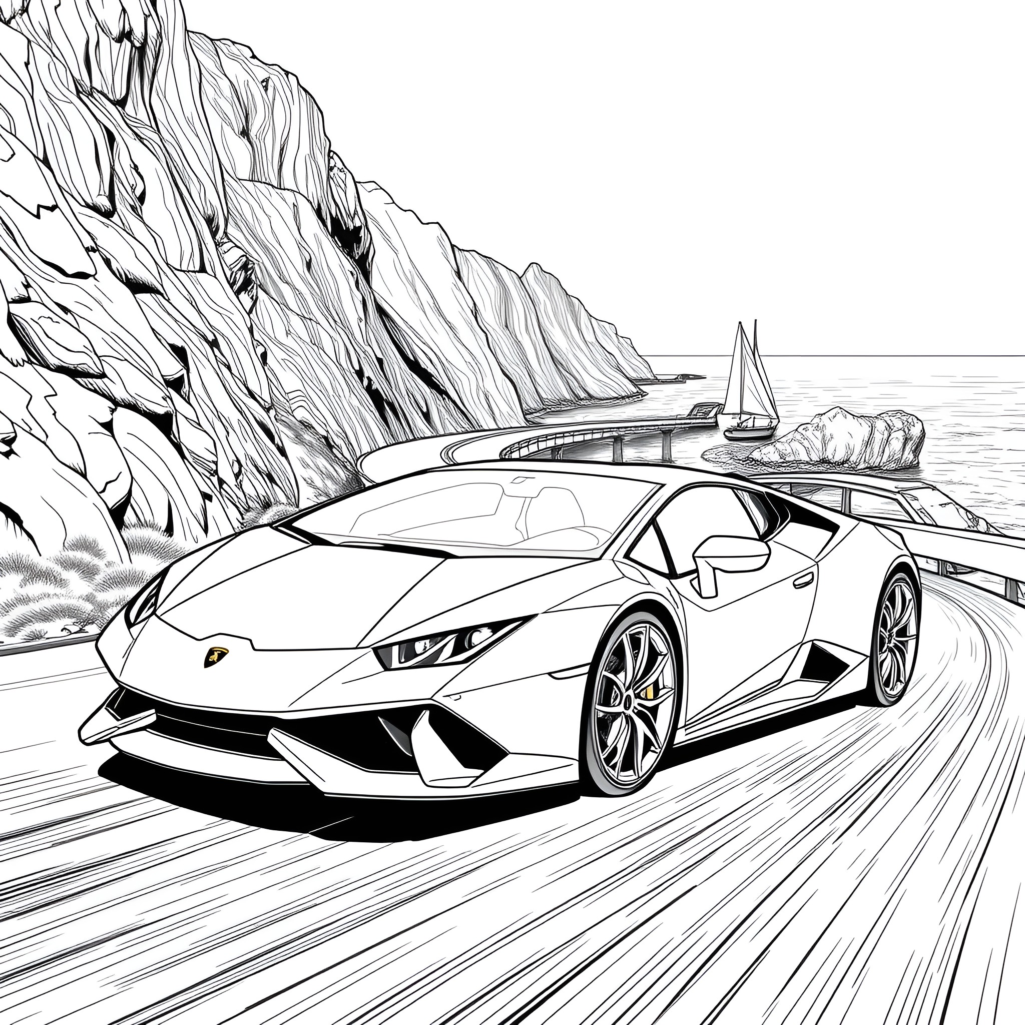Lamborghini speeding along a scenic coastal road Coloring Page (free black-and-white line drawing printable PDF for all, from beginners to advanced learners, including children, teens, adults, and seniors)