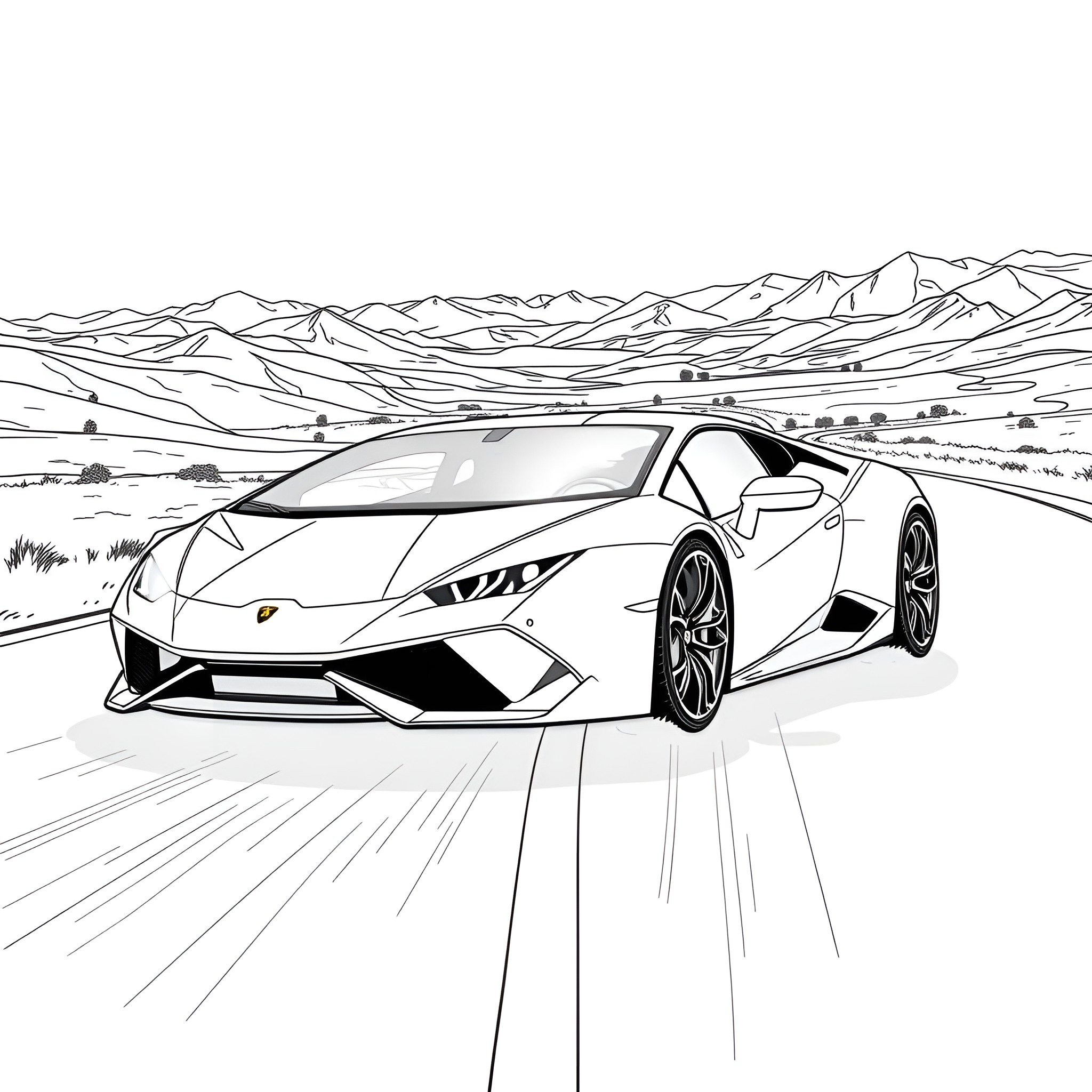 Lamborghini speeding through scenic mountain landscape Coloring Page (free black-and-white line drawing printable PDF for all, from beginners to advanced learners, including children, teens, adults, and seniors)