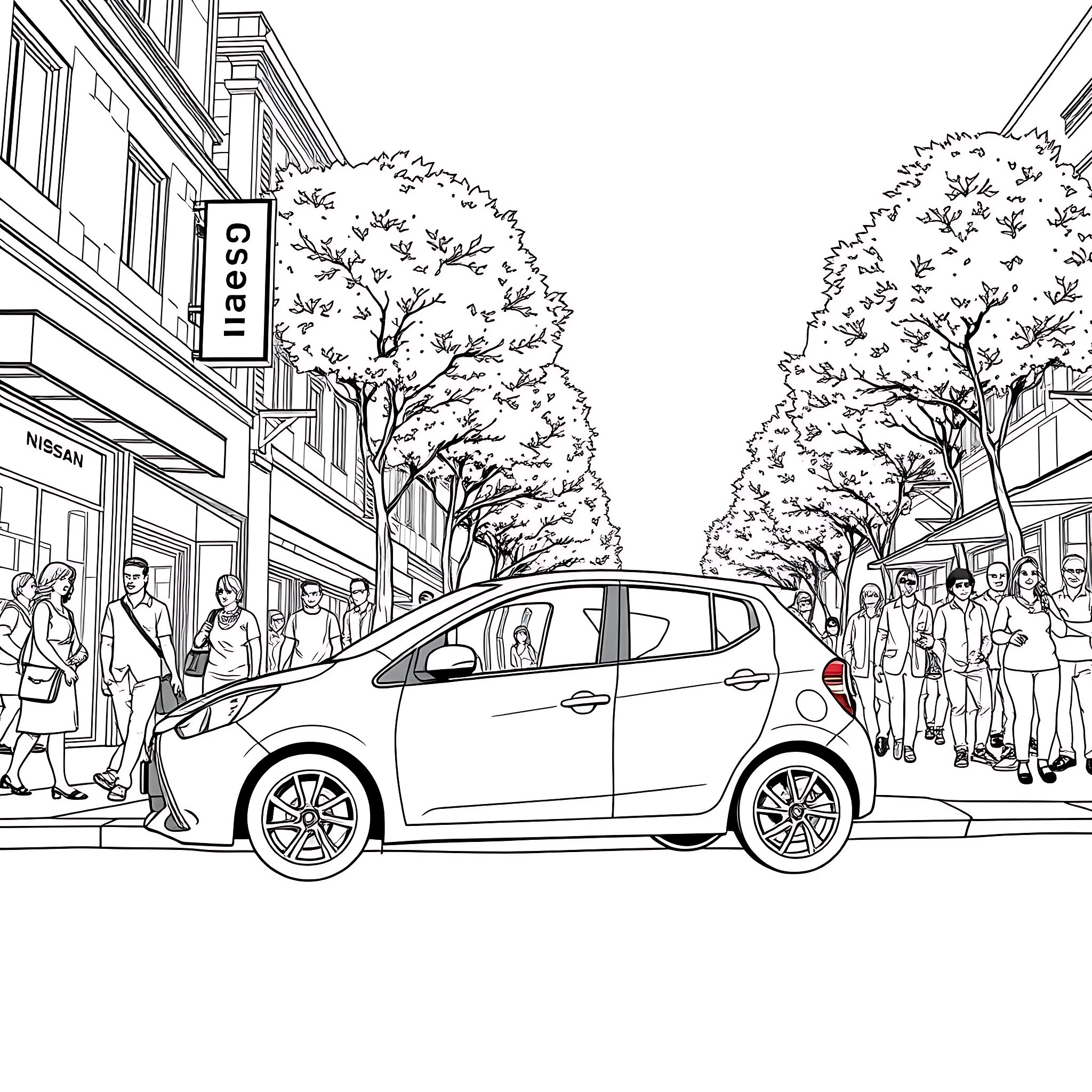 Nissan car display in a busy shopping district Coloring Page (free black-and-white line drawing printable PDF for all, from beginners to advanced learners, including children, teens, adults, and seniors)