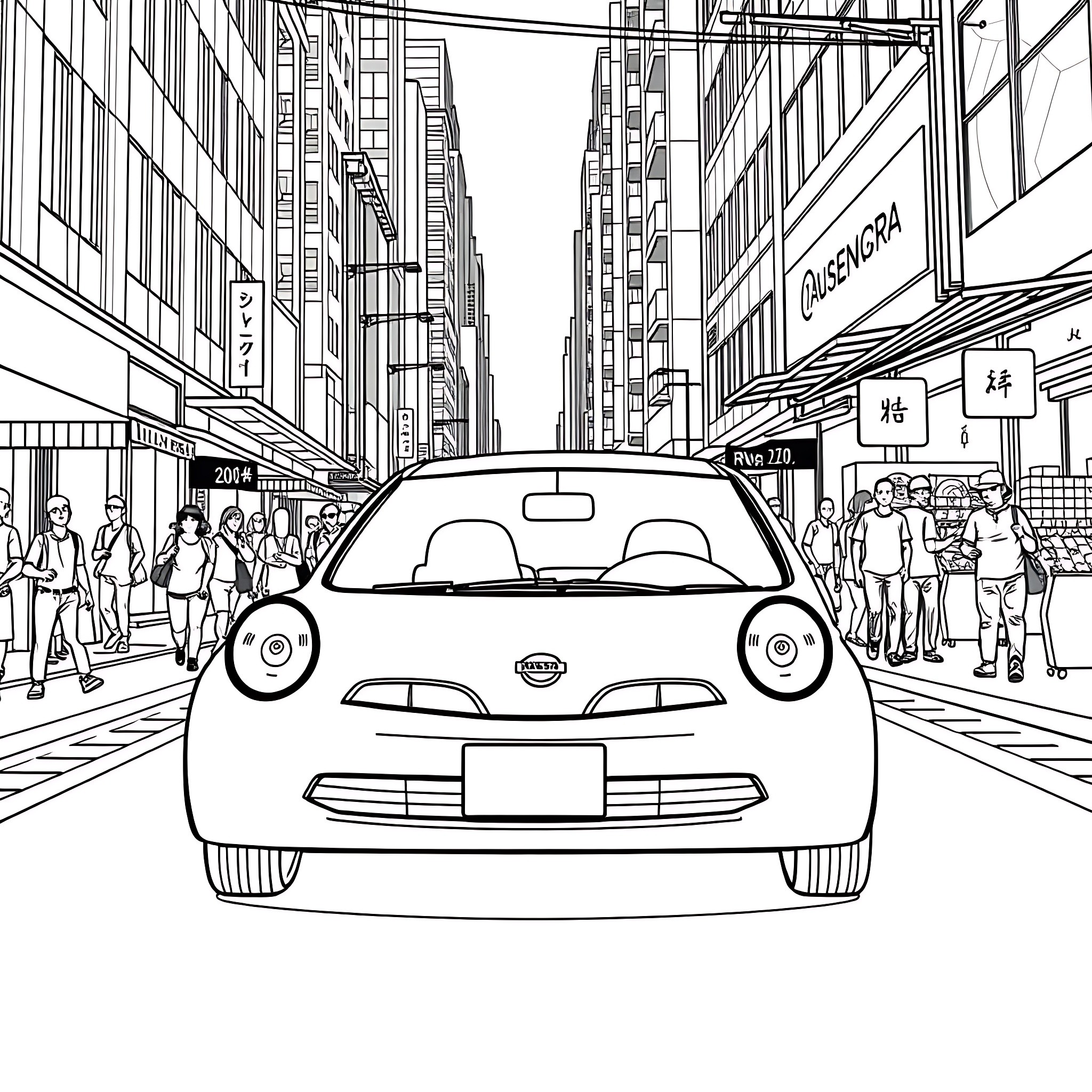 Nissan Micra in a bustling city street Coloring Page (free black-and-white line drawing printable PDF for all, from beginners to advanced learners, including children, teens, adults, and seniors)