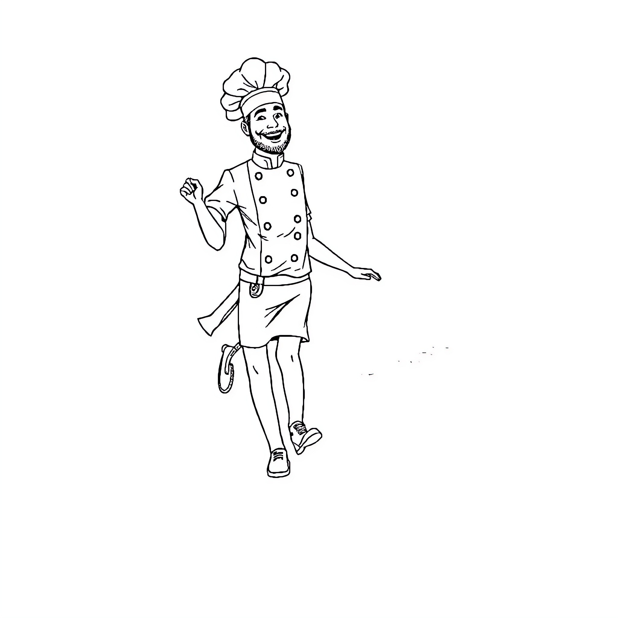 Master Chef Happily Preparing a Meal Coloring Page (free black-and-white line drawing printable PDF for all, from beginners to advanced learners, including children, teens, adults, and seniors)