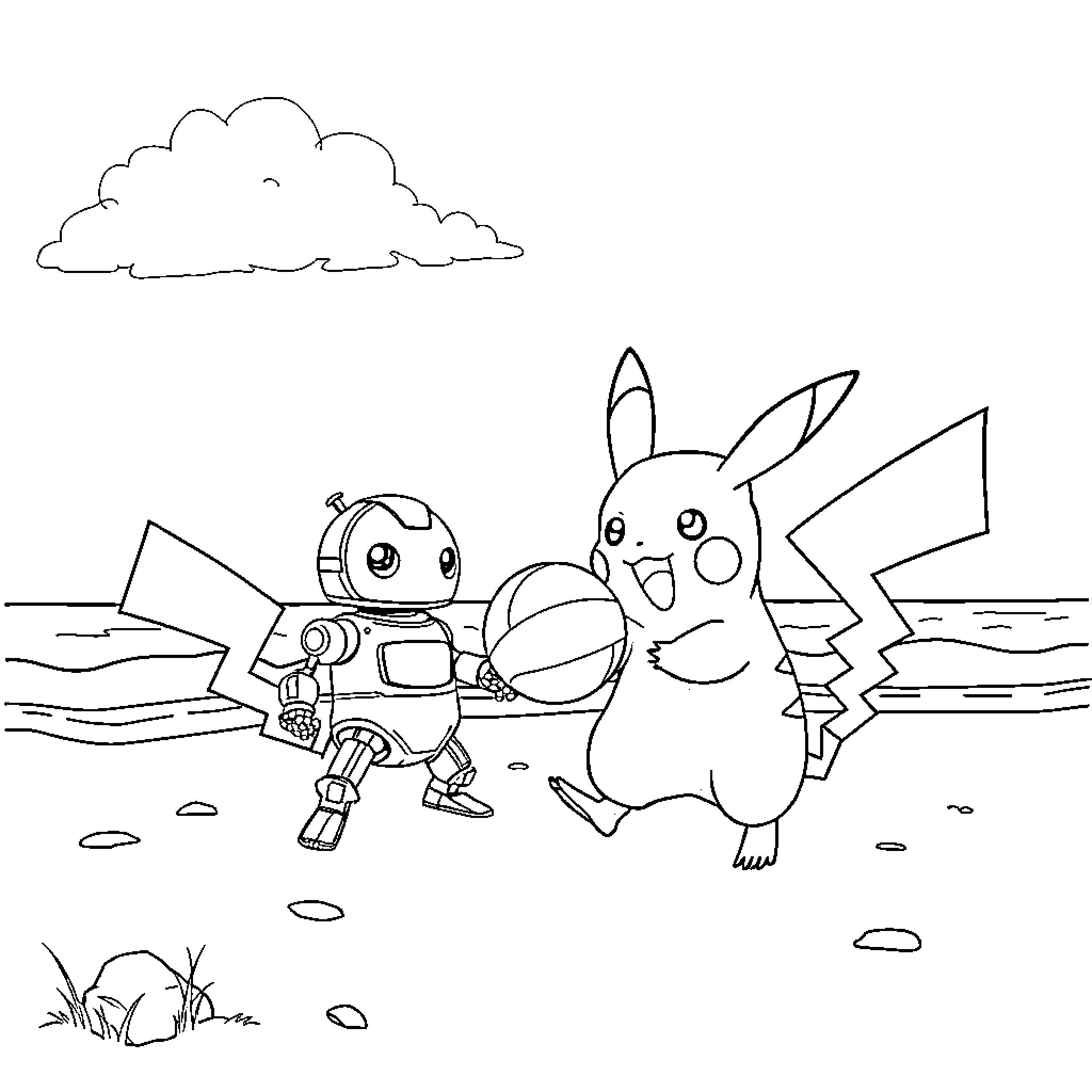 Pikachu and Robot Exploring the Outdoors Coloring Page (free black-and-white line drawing printable PDF for all, from beginners to advanced learners, including children, teens, adults, and seniors)